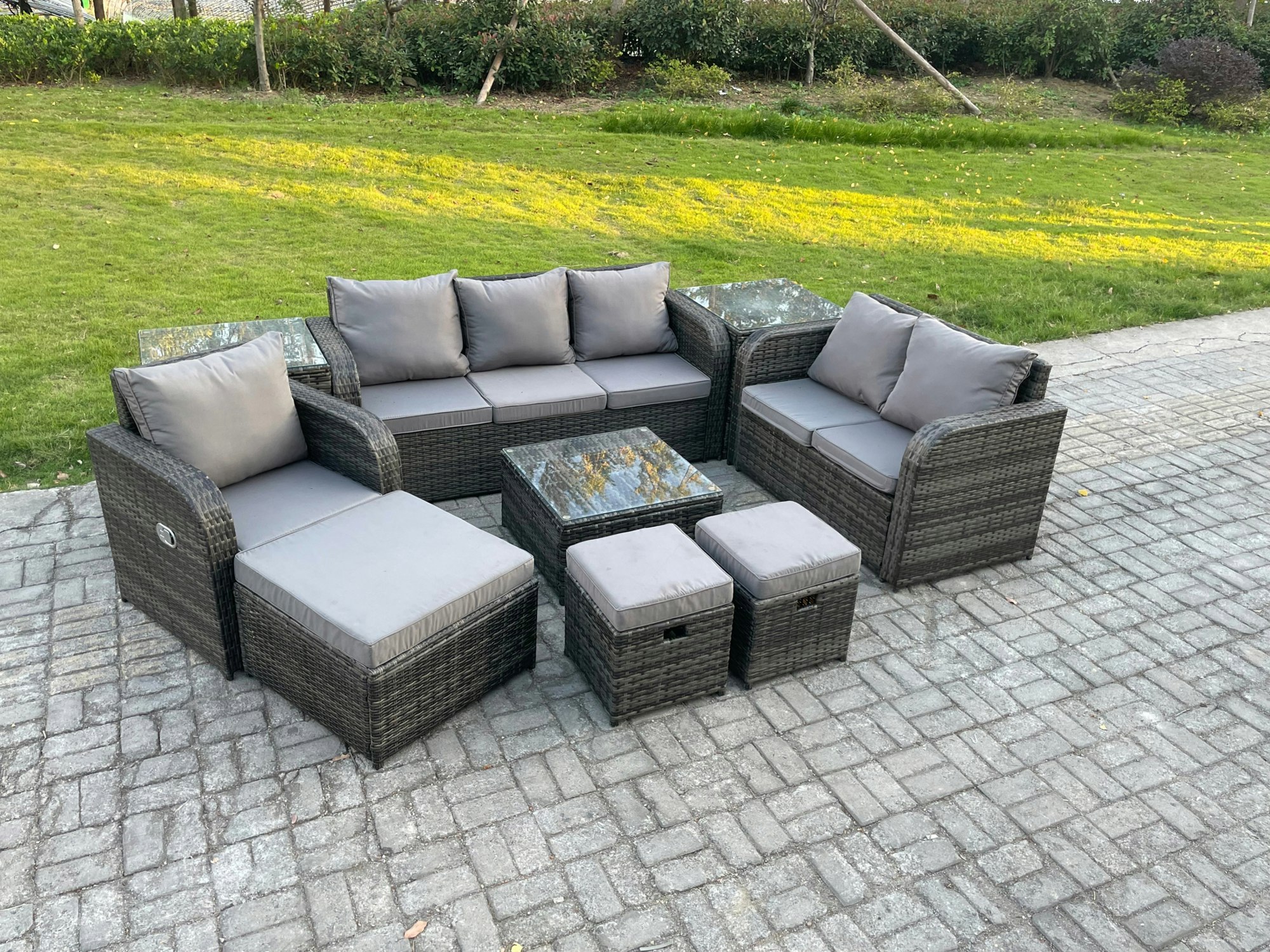 Rackhams Dark/Grey Rattan 9 Piece Patio Set - Square Coffee Table, Reclining Chair, Loveseat, 3-Seater Sofa, 3 Footstools & 2 Side Tables