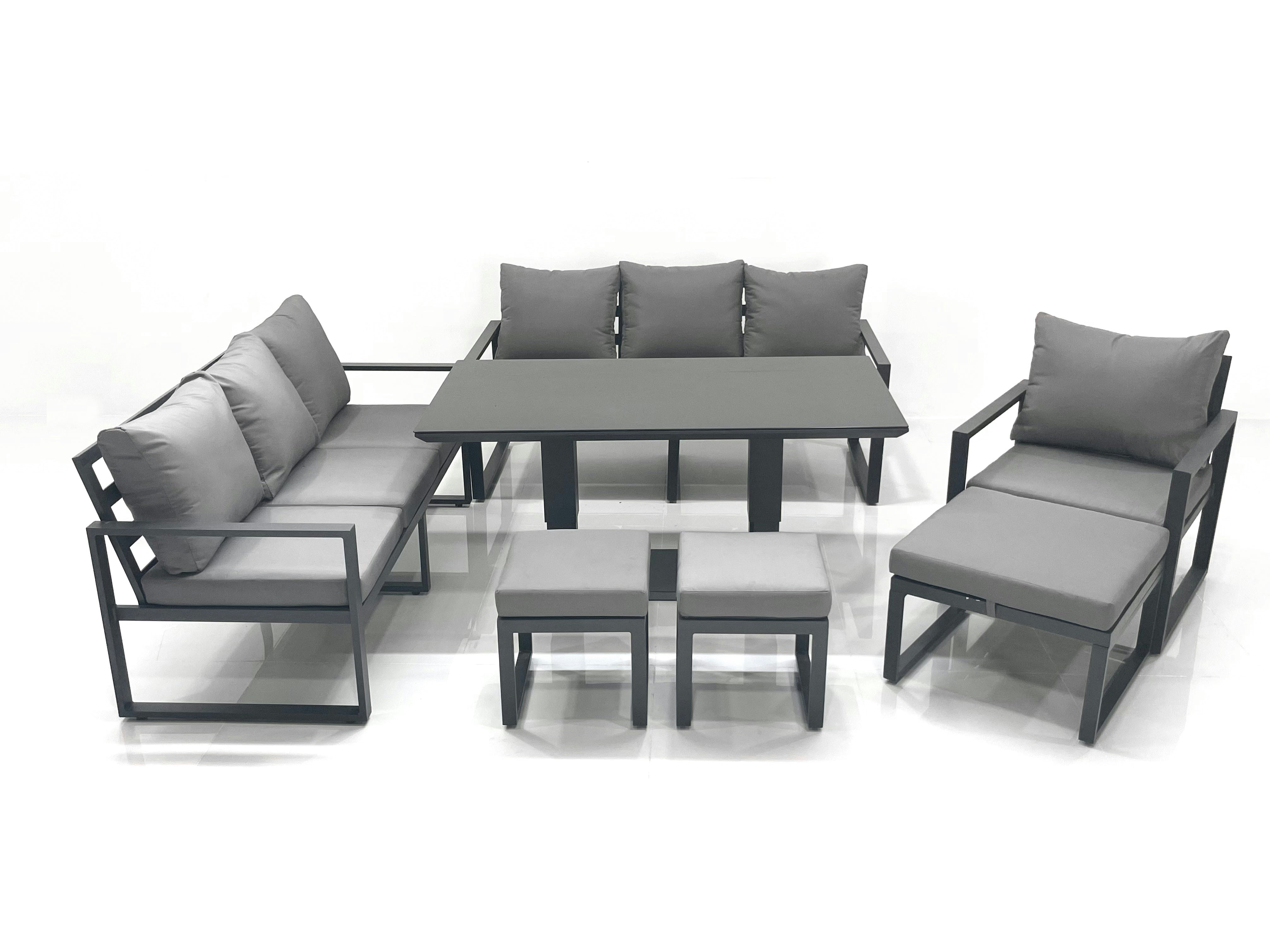 Rackhams Dark/Grey Outdoor Garden Furniture Set Aluminium Lounge Sofa Adjustable Rising Lifting Dining Table Sets With 3 Footstools