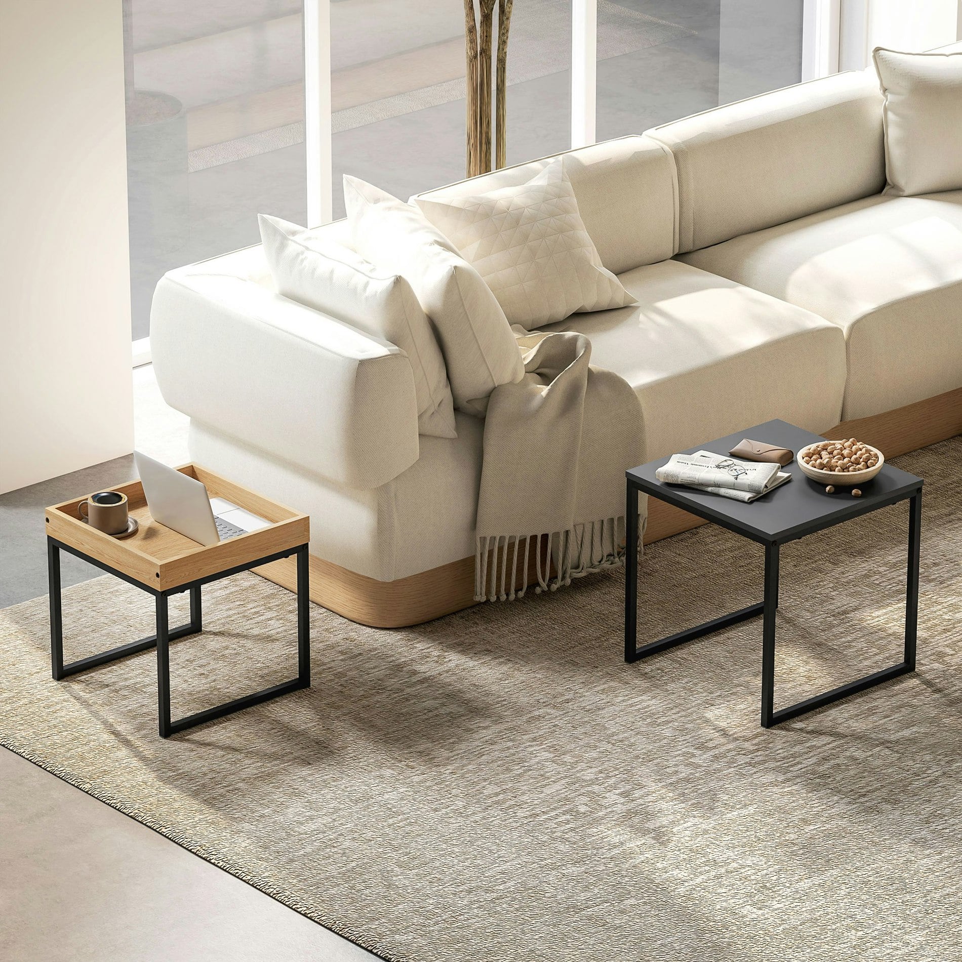 Homcom Black Modern Coffee Table Set Square Nest Of Tables For Small Space