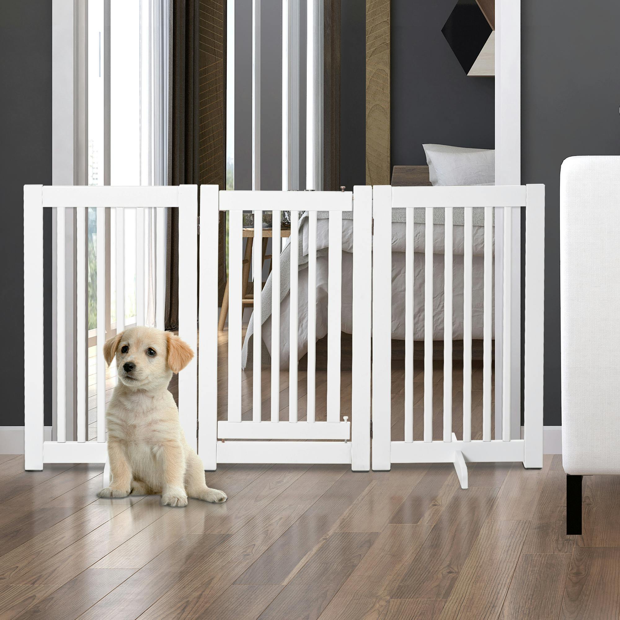 MDF Dog Gate Step Over Panel Fence Expandable Folding with Latch Support Feet - Image 2