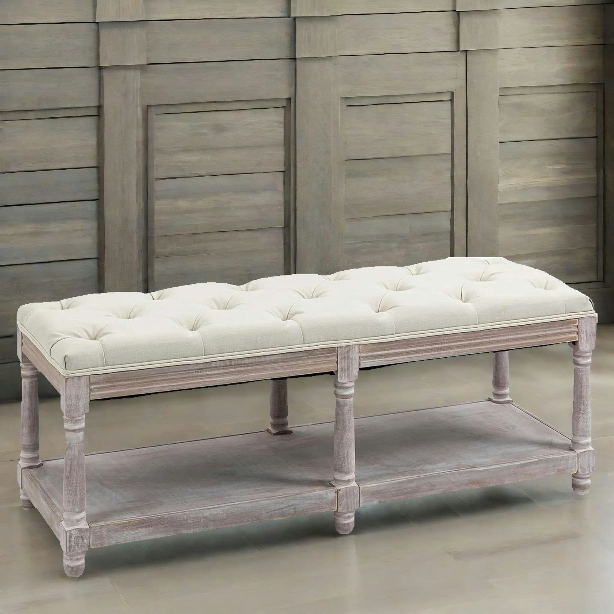 Rafaelo Mobilia Cream/White Upholstered Wooden Bench Seat With Shelf
