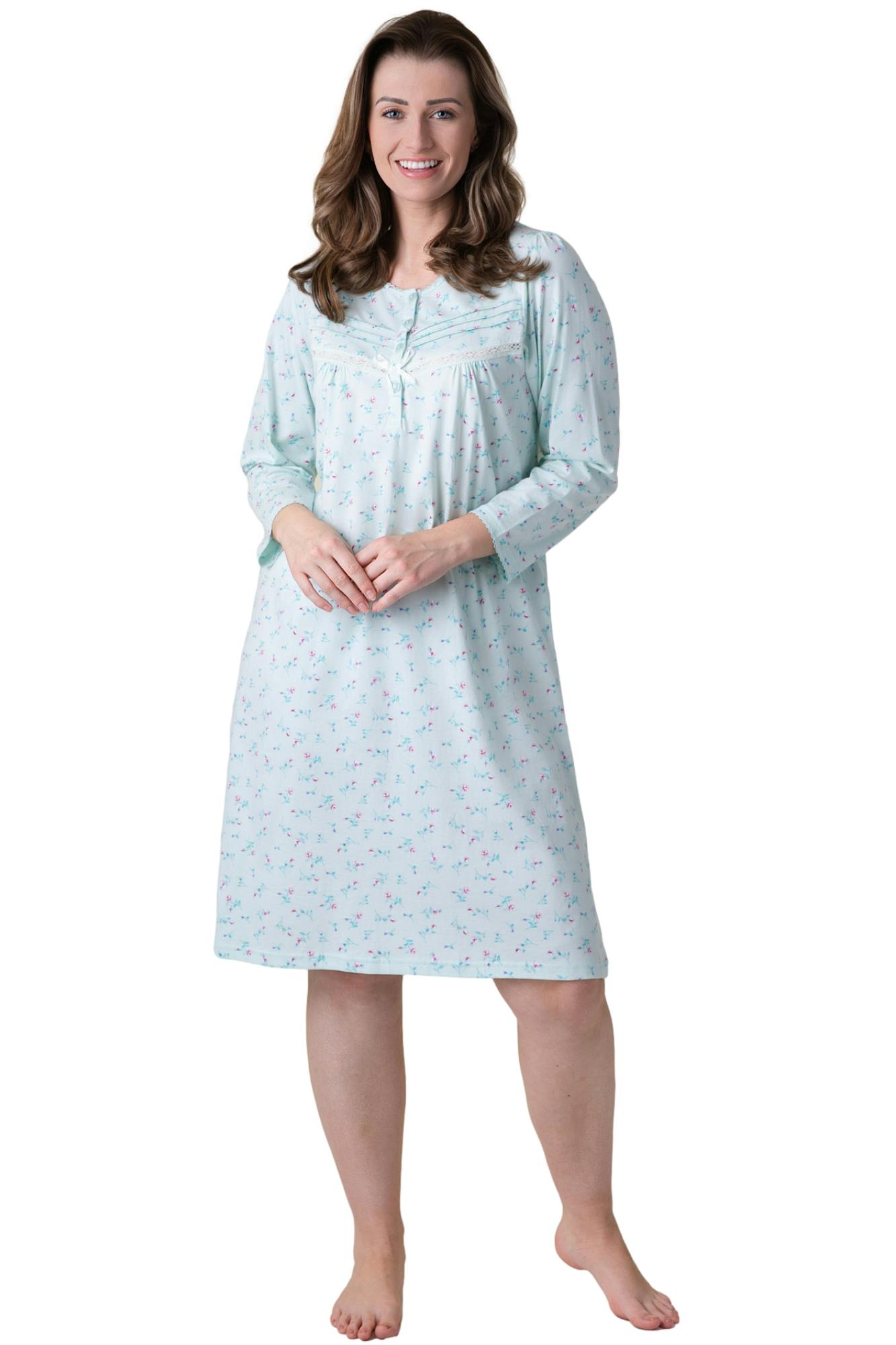 Camille Women's Classic 100% Organic Jersey Cotton Long Sleeve Nightdress - Mint - 14-16