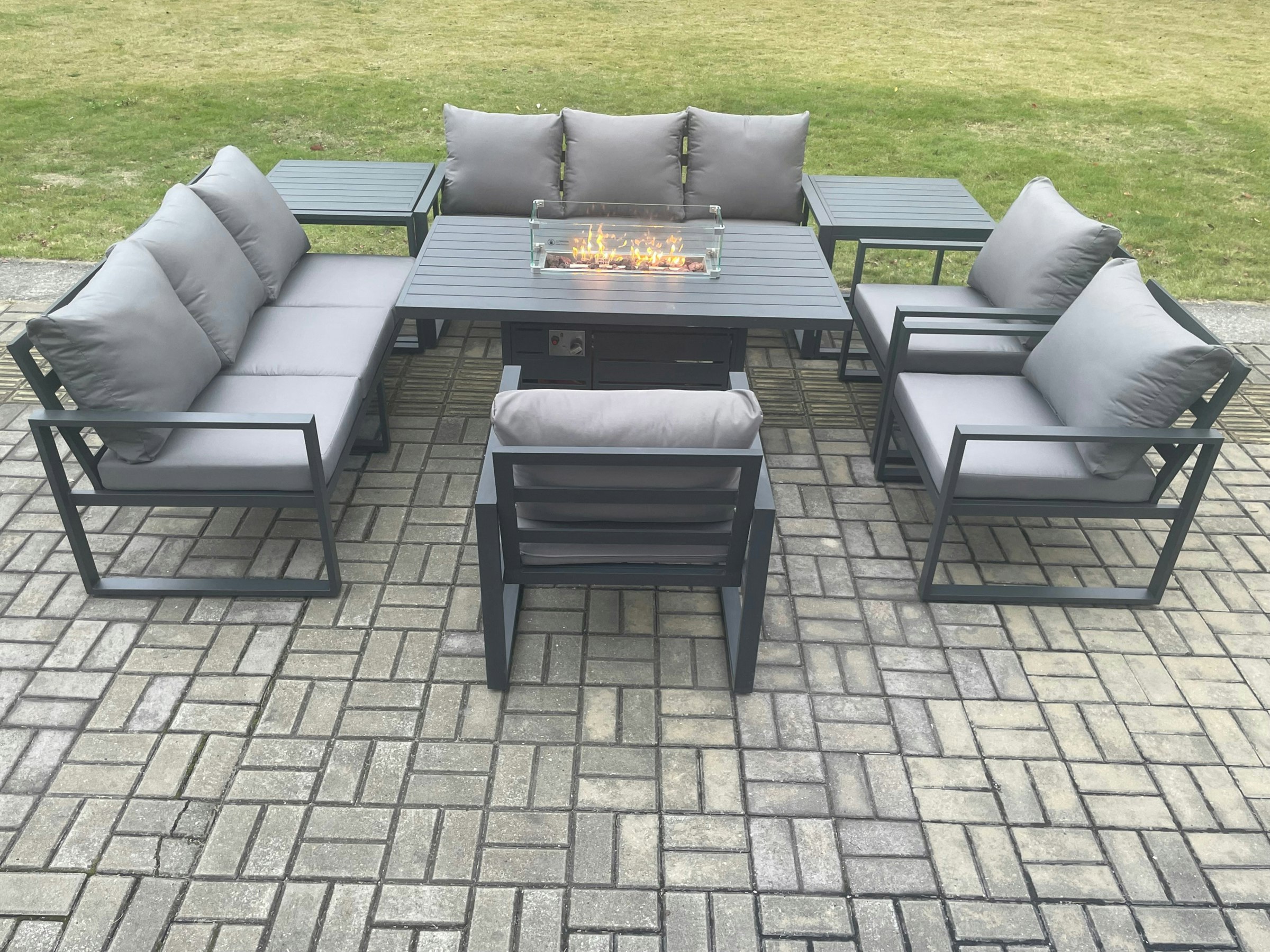 Fimous Dark/Grey Aluminium Garden Furniture Outdoor Set Patio Lounge Sofa Gas Fire Pit Dining Table Set With 3 Armchair 2 Side Table