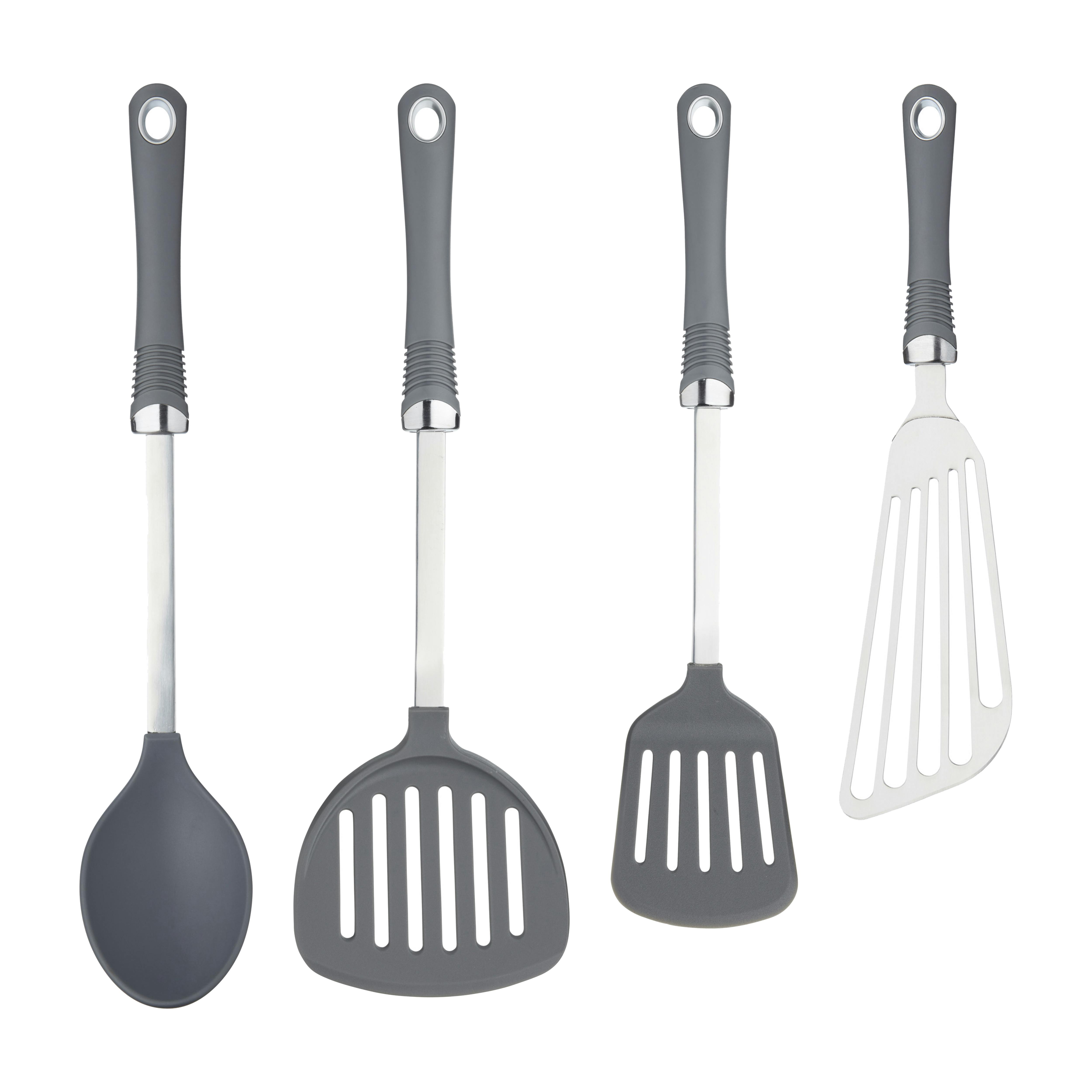 Rackhams Black 4Pc Professional Stainless Steel Kitchen Utensils Set With Soft Grip Handles – Fish Slice, Slotted Turner, Food Turner & Cooking Spoon - Stainless Steel - Utensils