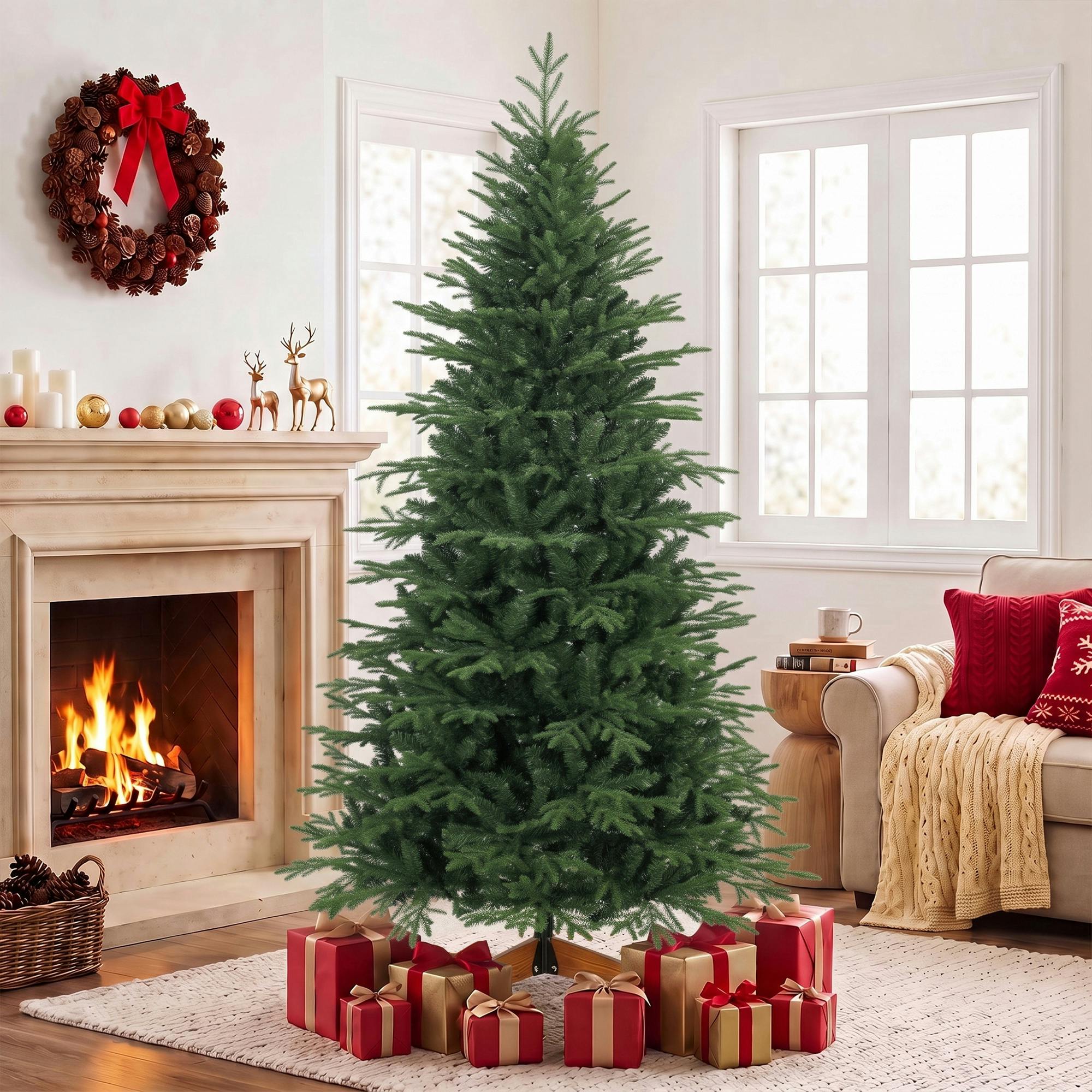 Homcom Unisex Green Artificial Christmas Tree Solid Pine Wood Stand, 7Ft - Image 3