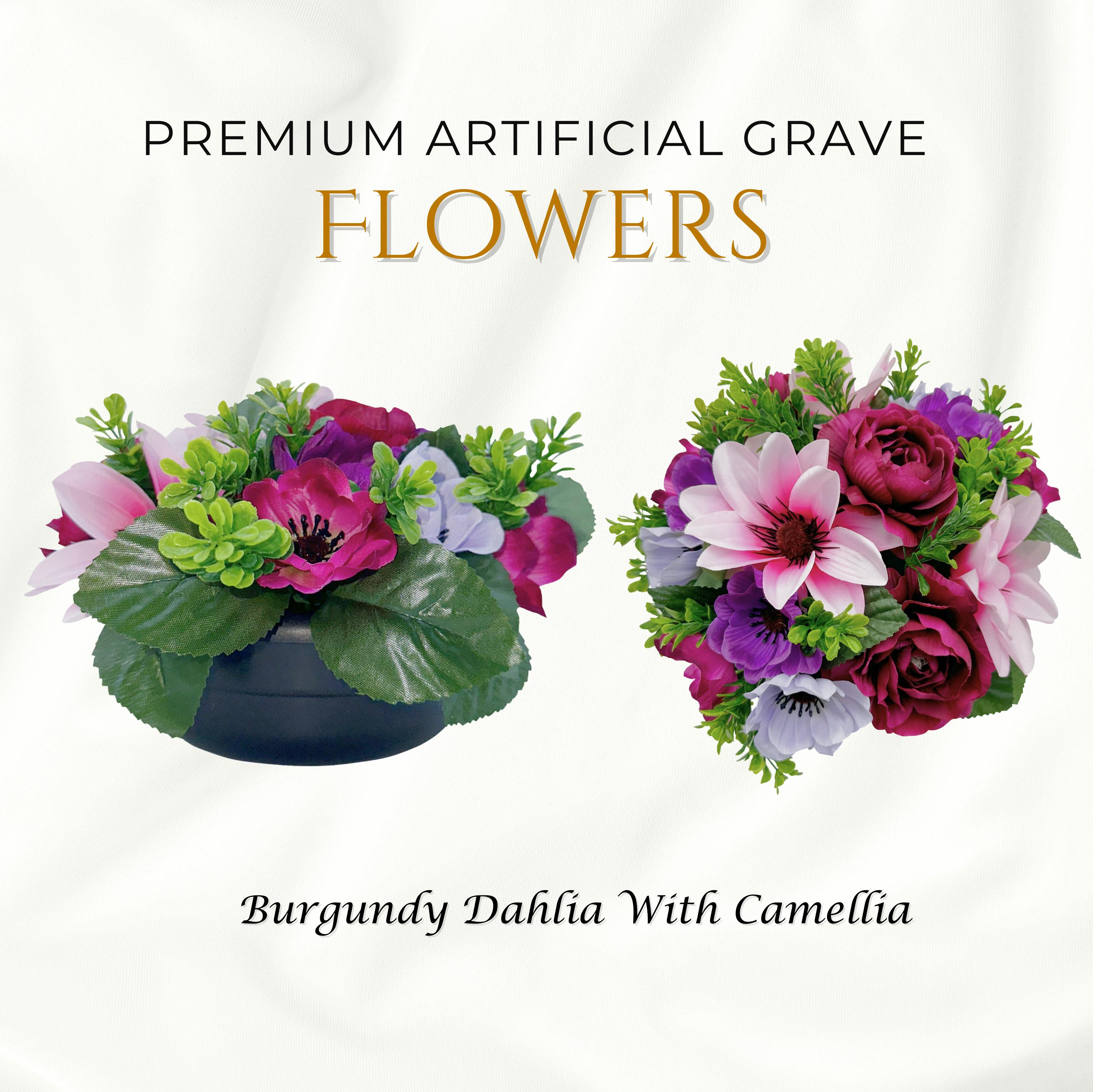Rackhams Burgundy Premium Artificial Grave Flowers – 24Cm Dahlia With Camellia | Weighted Pot