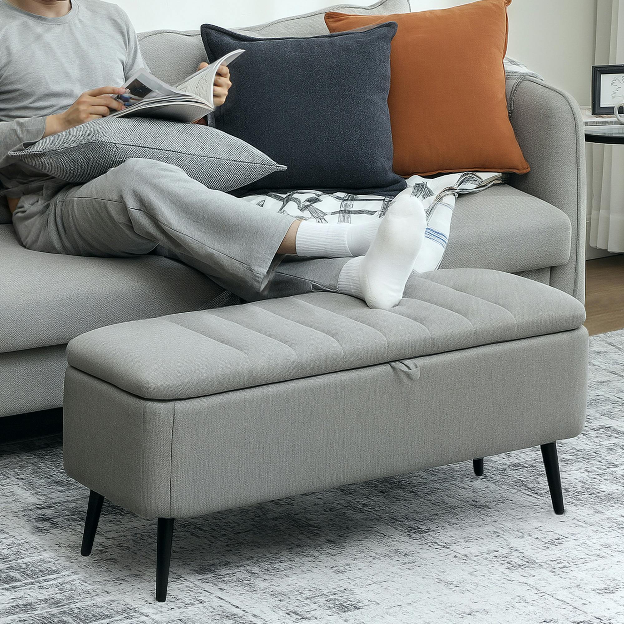 Rackhams Blue/Light/Grey Storage Ottoman Bench, Linen Fabric Footstool With Steel Legs - 1 - Storage Ottoman