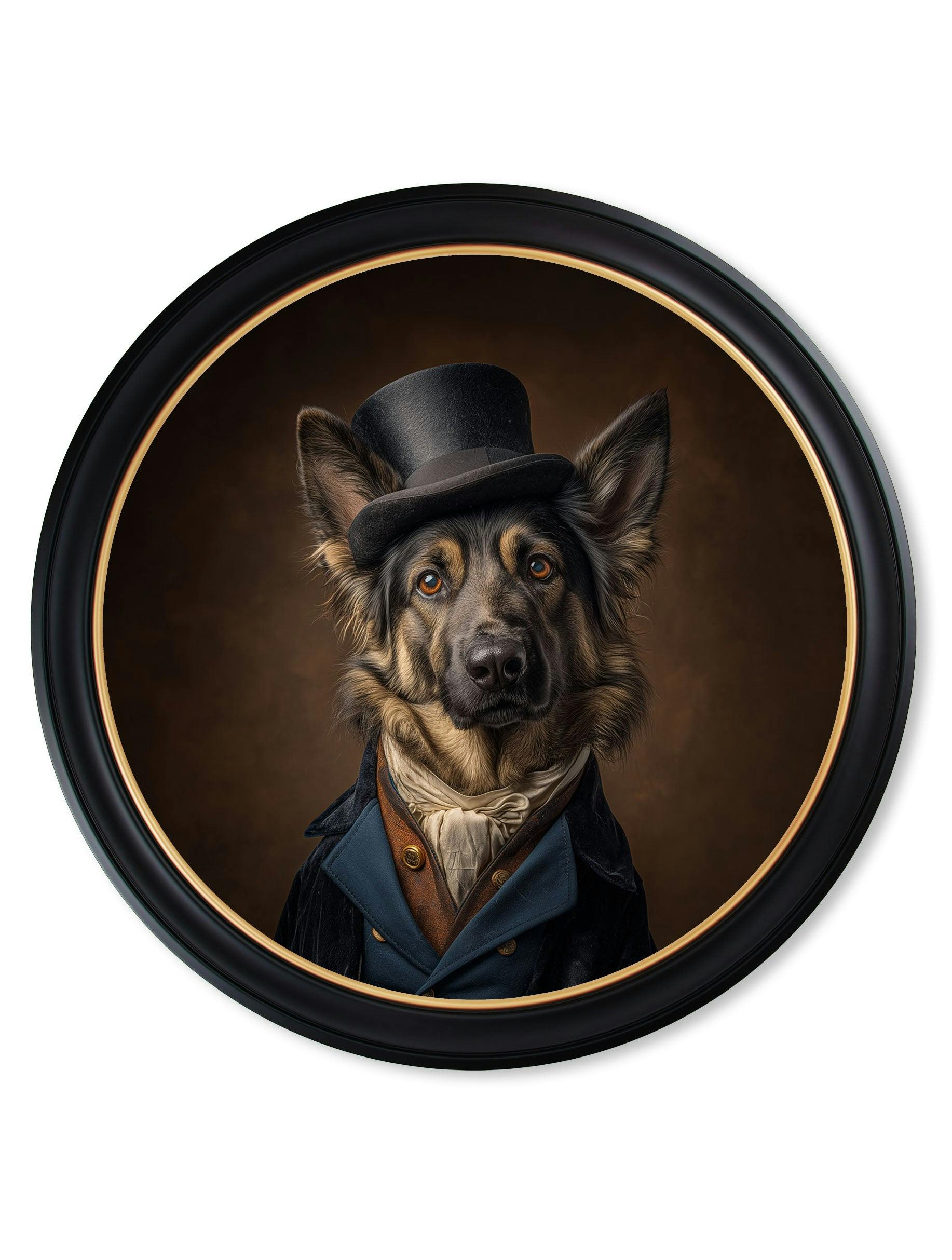Rackhams Black/Gold/Brown Count Von Shepherd - Gentleman German Shepherd Oxford Round Frame - 96 X 96Cm