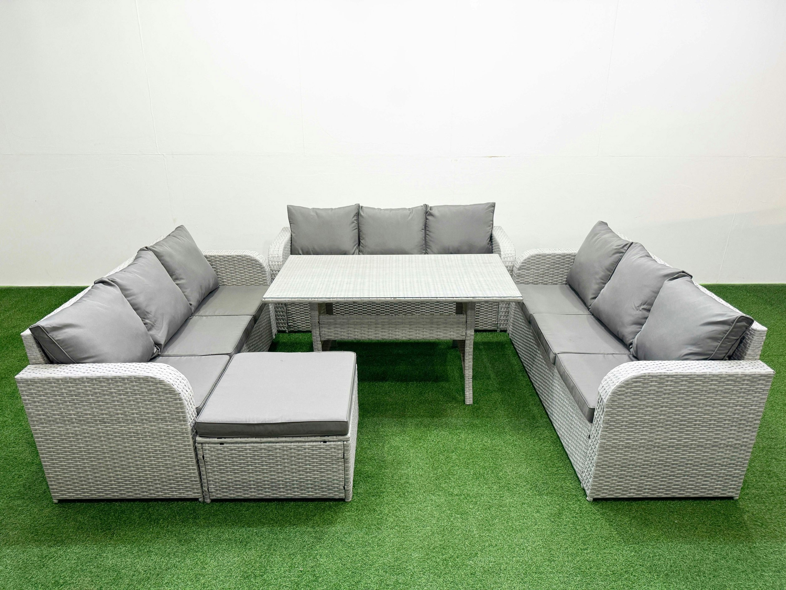 Rackhams Light/Grey Pe Rattan Lounge Sofa Set 10 Seater Outdoor Garden Furniture Set With Rectangular Dining Table 3 Seater Sofa Big Footstool