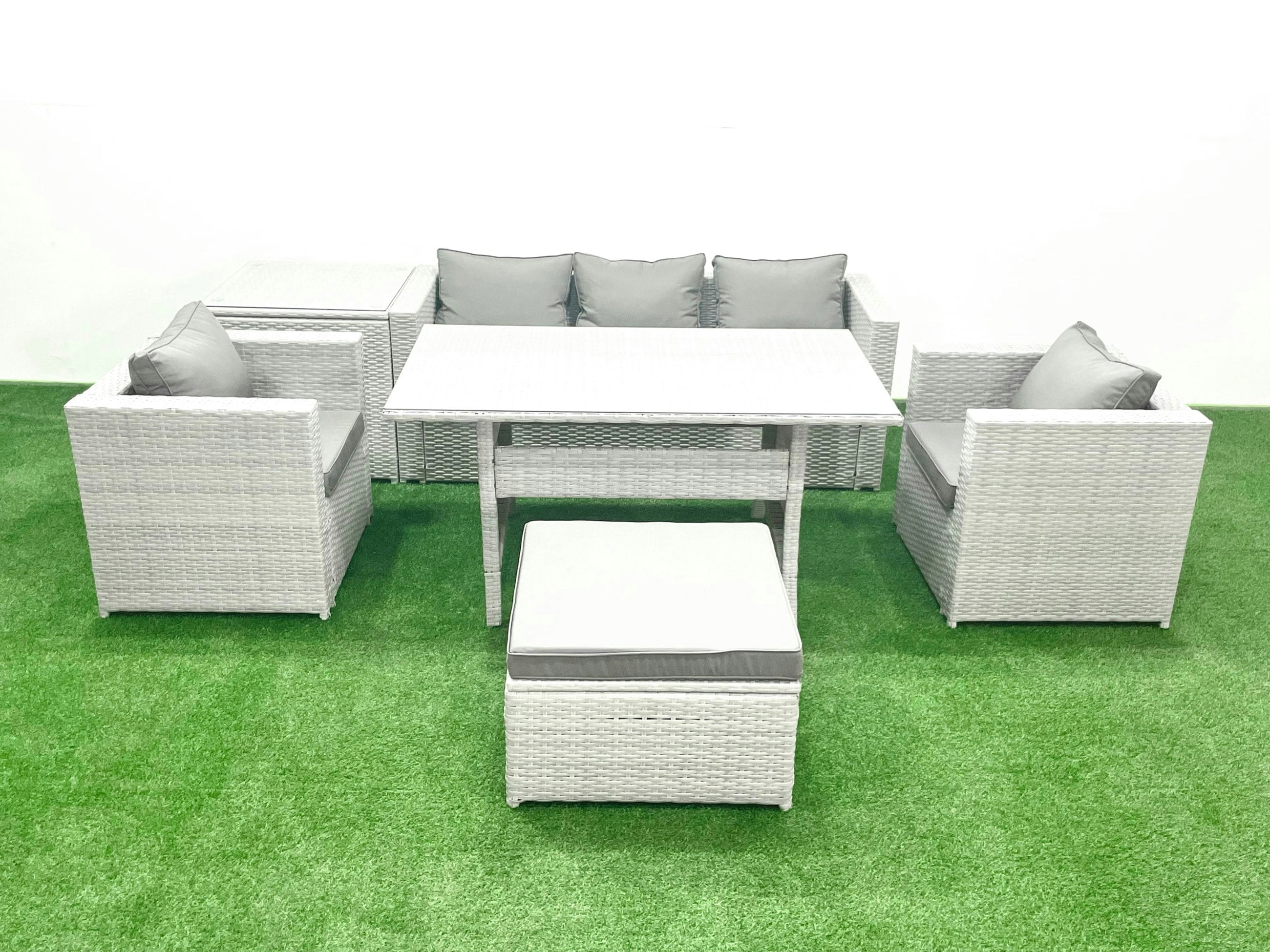 Rackhams Light/Grey Garden Dining Set Outdoor Rattan Furniture Set With Sofa Dining Table 2 Chairs Big Footstool Side Table Mixed