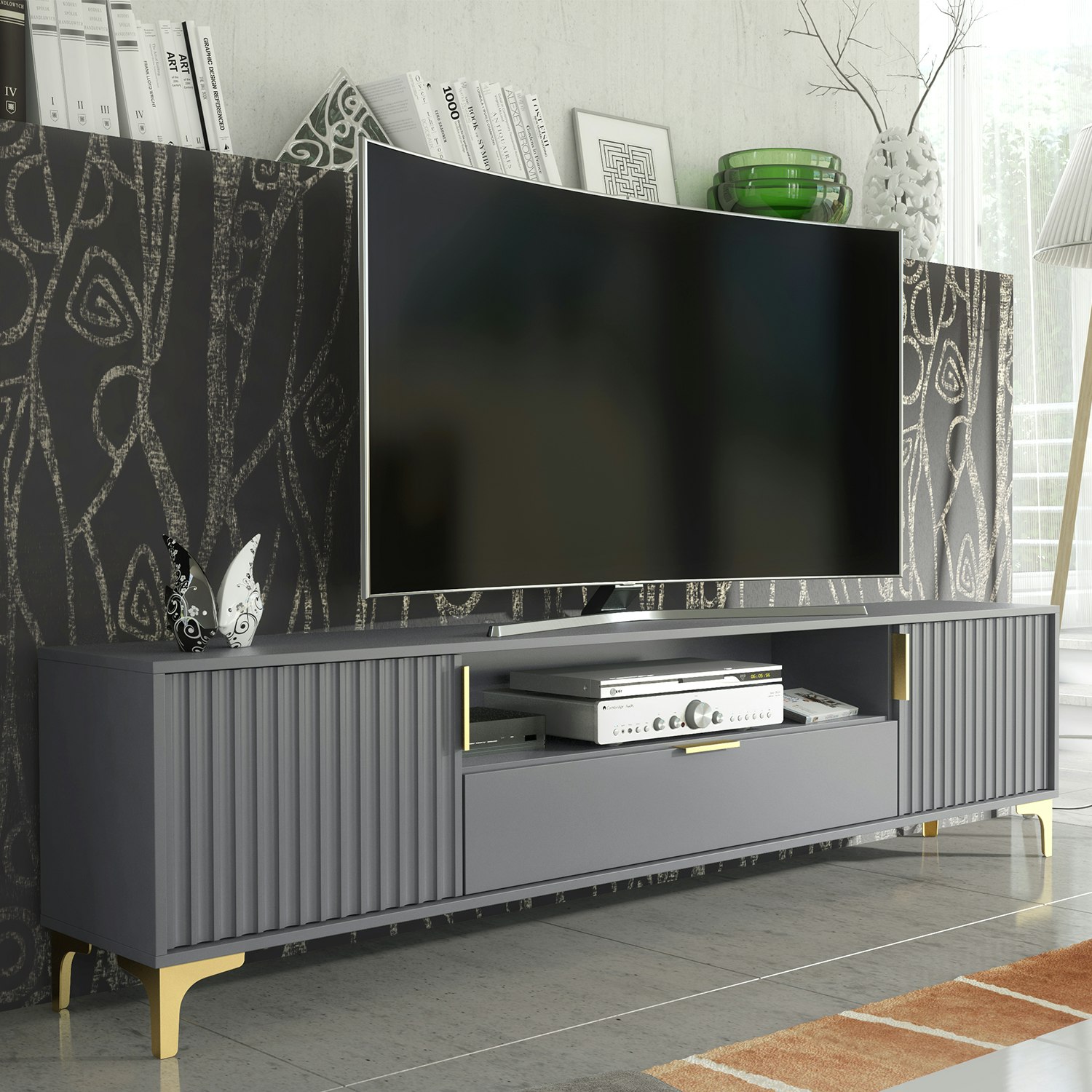 Mex Furniture Grey/Gold Luxurious Tv Stand With Fluted Doors & Accents – 200Cm Media Console - 200 Cm - 1 - Mdf/Chipboard