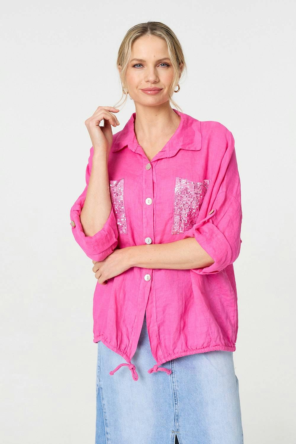Izabel London Pink Sequin Detail 3/4 Turn-Up Sleeve Shirt - 16