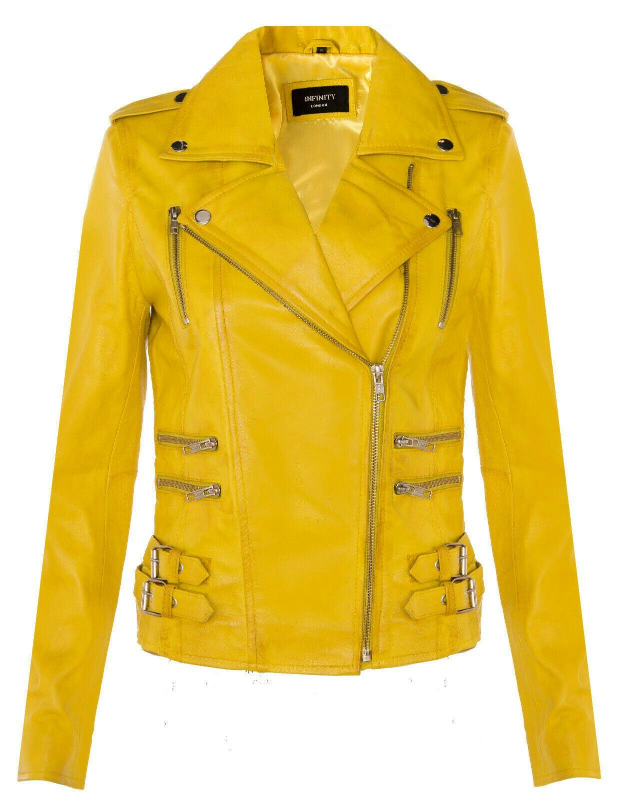 Infinity Leather Women's Yellow Leather Brando Biker Jacket-Loddon - Uk 2XL/18 | Eu 44 | Us 14