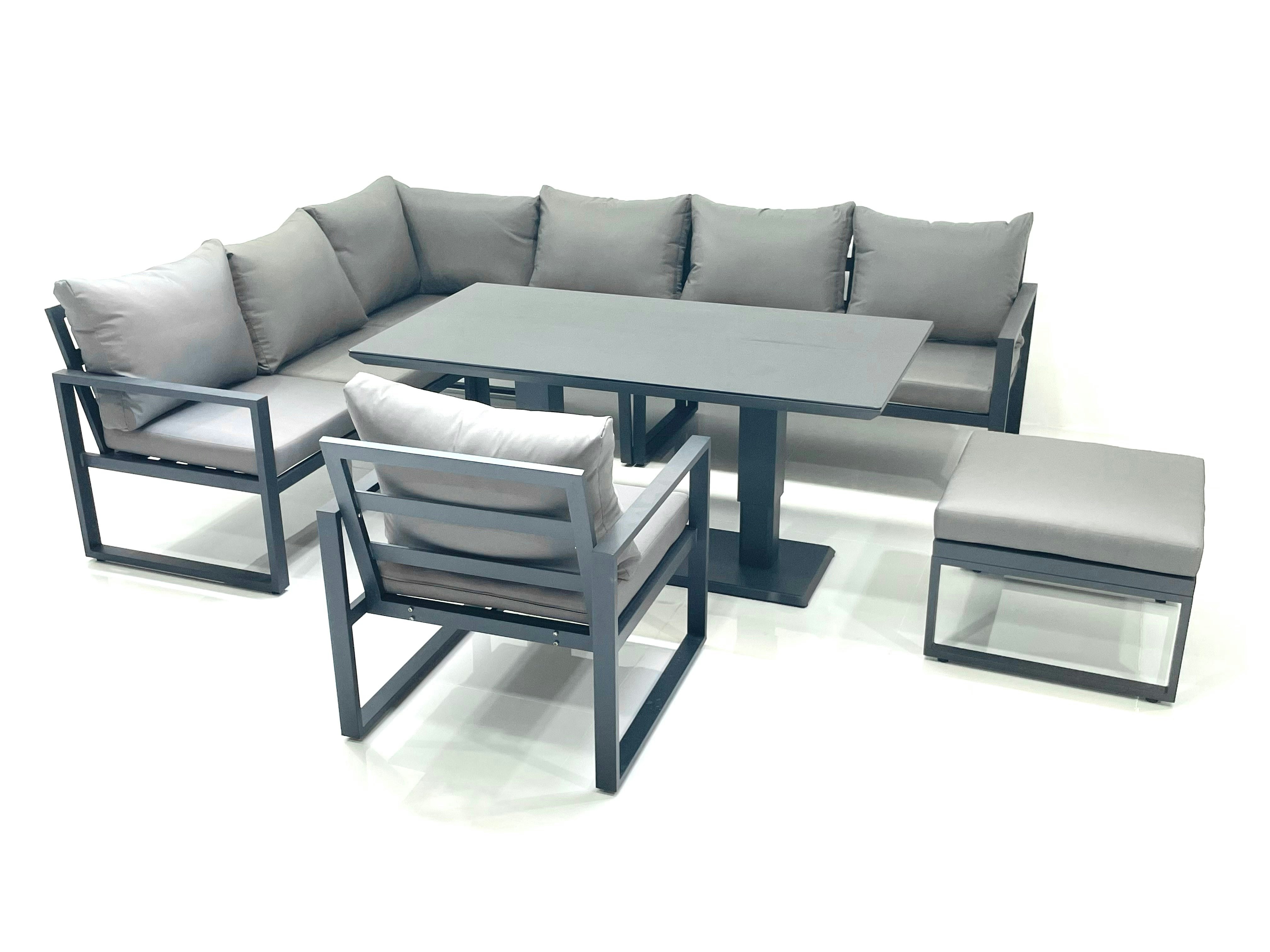 Rackhams Dark/Grey Aluminum Outdoor Garden Furniture Set Corner Sofa Big Footstool Chair Adjustable Rising Lifting Dining Table Sets