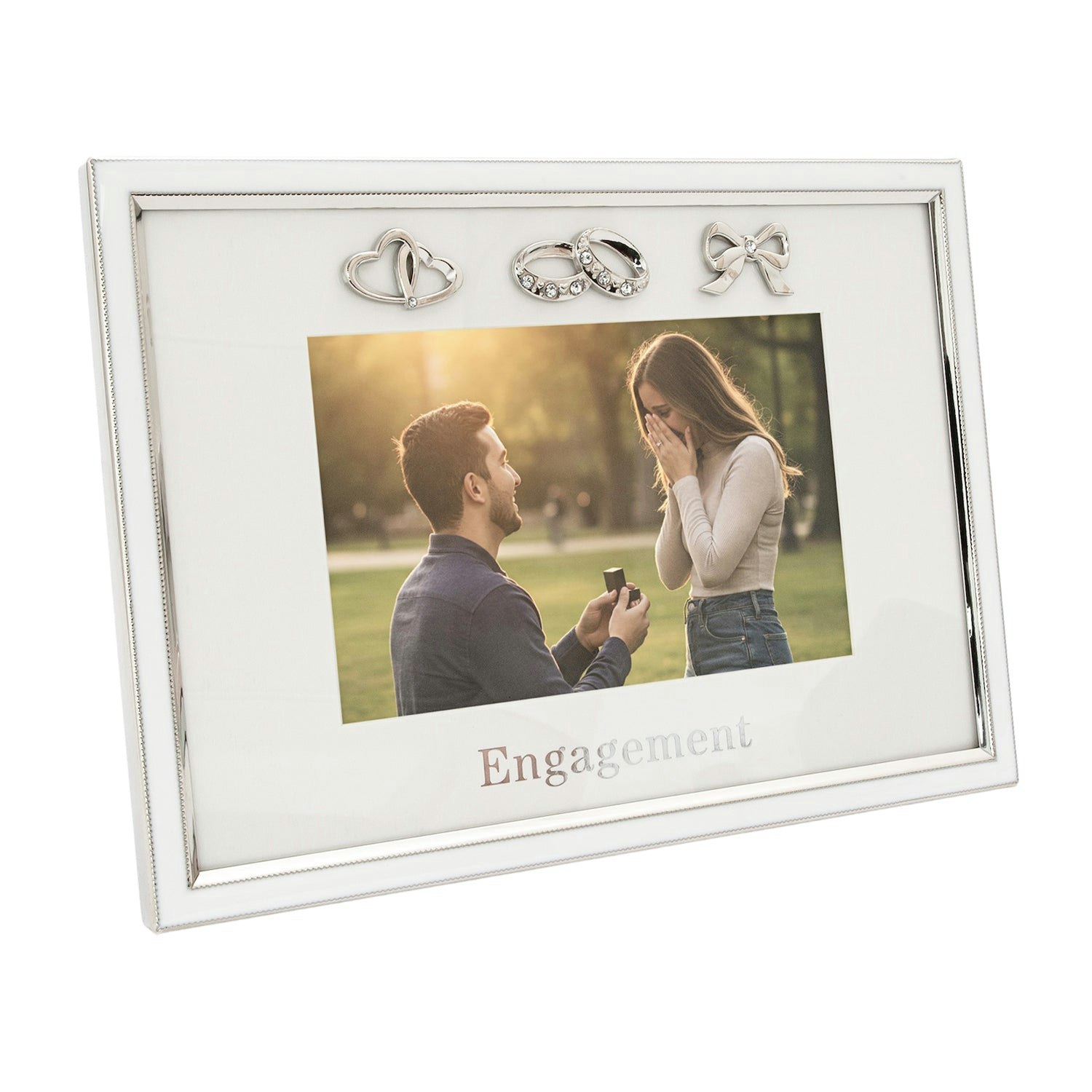 Happy Homewares White/Silver Modern Engagement 4X6 Photo Frame In Nickel Plating With Double Rings