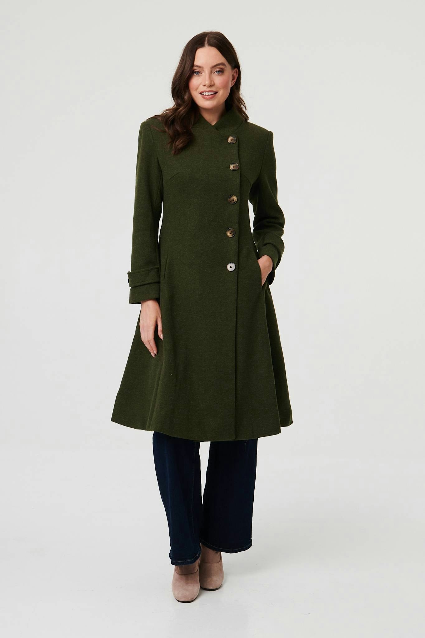 Izabel London Button Front Funnel Neck Coat - Khaki - 12