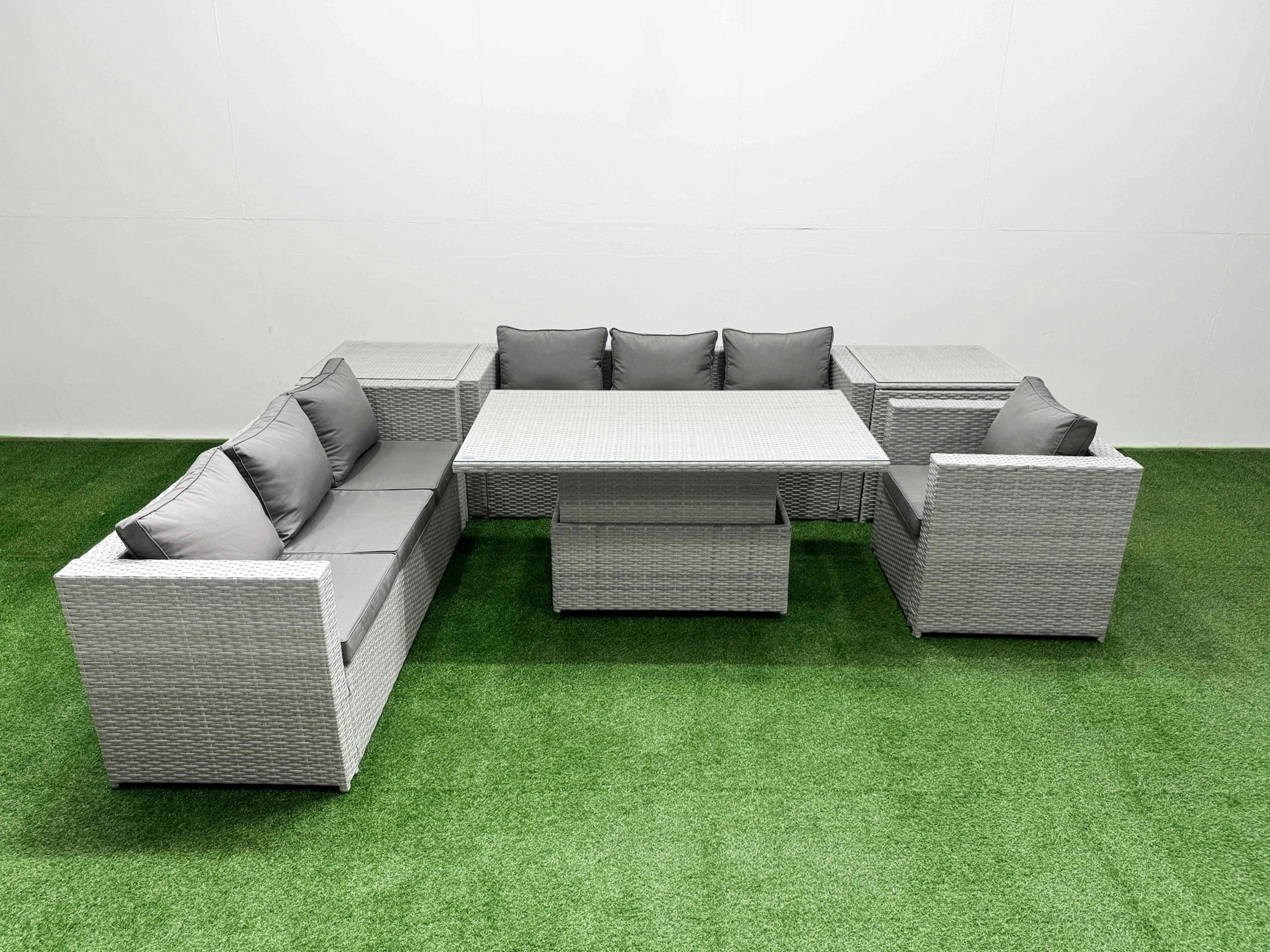 Rackhams Light/Grey 6 Pcs Rising Dining Table Set Rattan Furniture Set With 3 Seater Sofa Chair 2 Side Tables