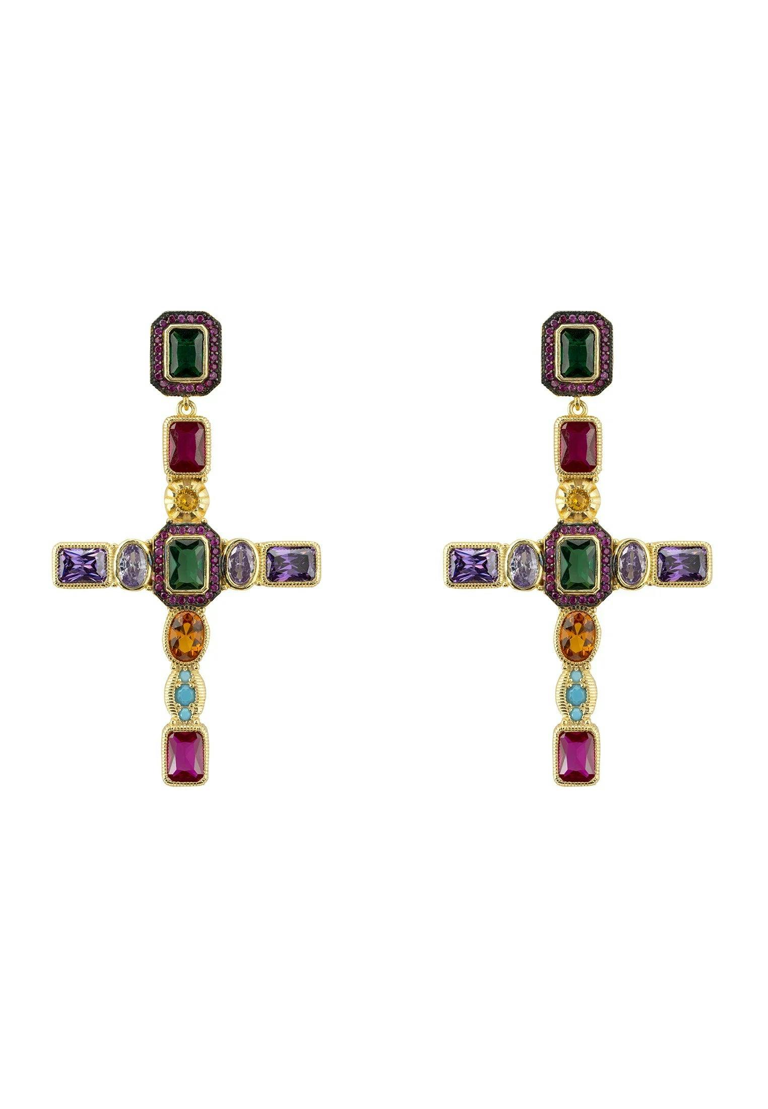 Latelita Gold Maria Extra Large Gemstone Fashion Earrings (Cross)