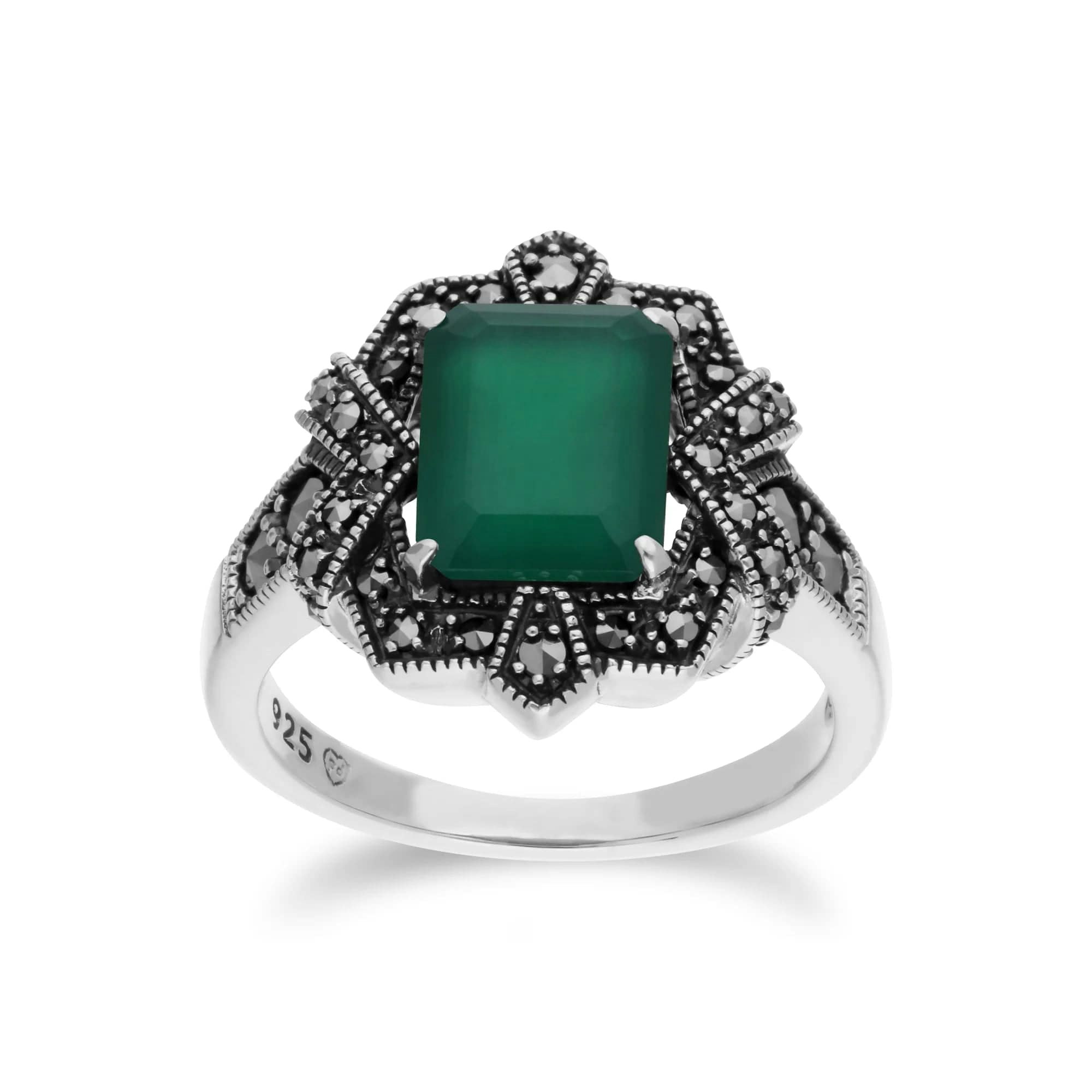 Gemondo Green/Silver Art Deco Style Baguette Chalcedony & Marcasite Ring In 925 Sterling - N