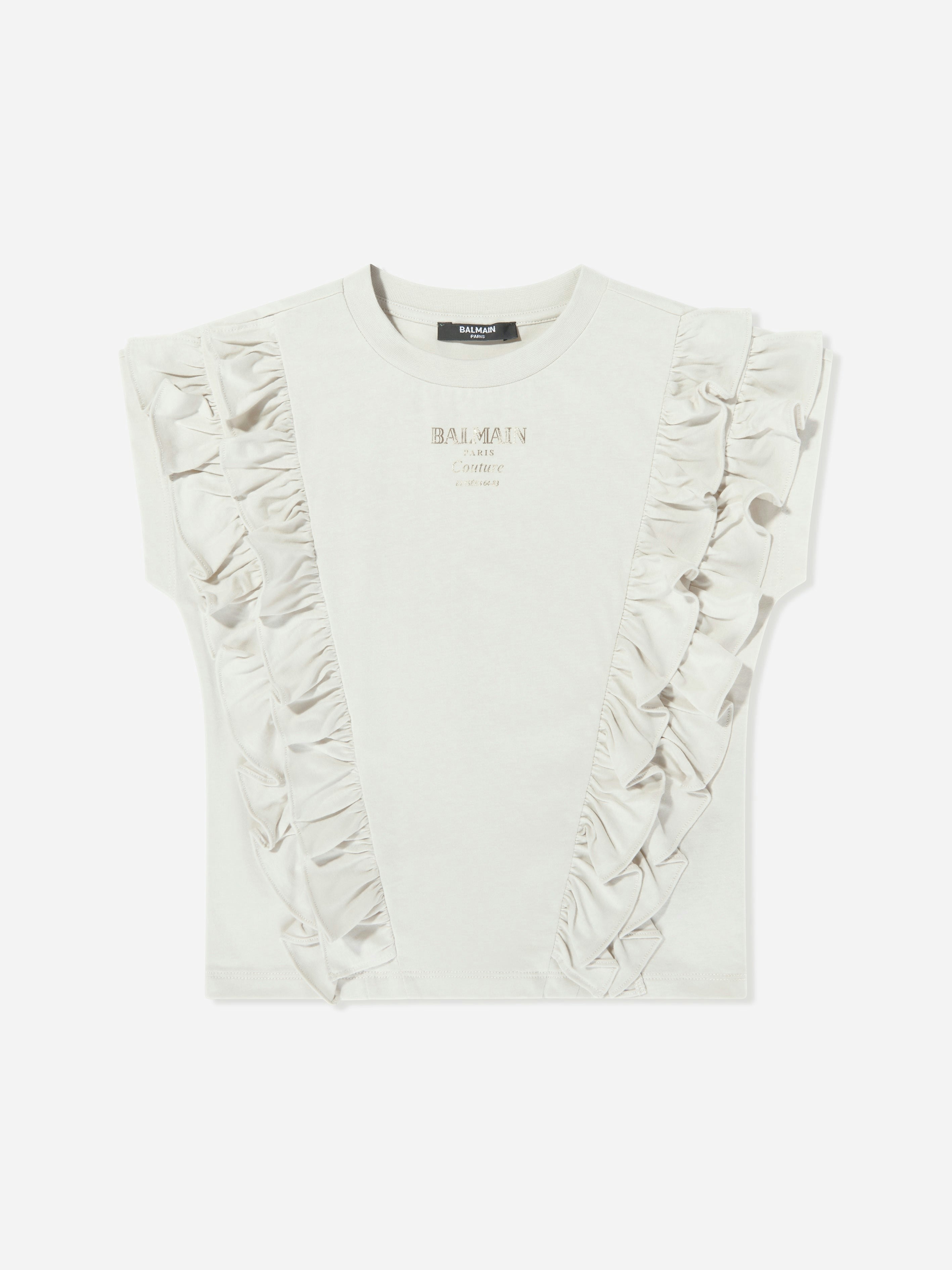 Balmain Girls Beige Logo Ruffle Top In - 10 Yrs