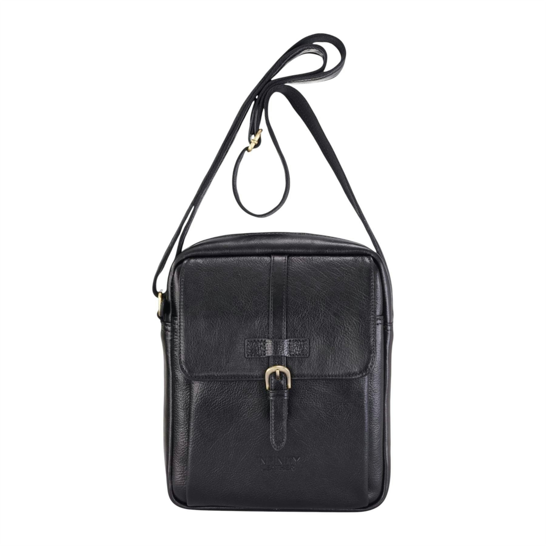 Infinity Leather Black Genuine Leather Vintage Crossbody Messenger Travel Bag - Ashby - 20.5 X 25.5 X 7 Cm