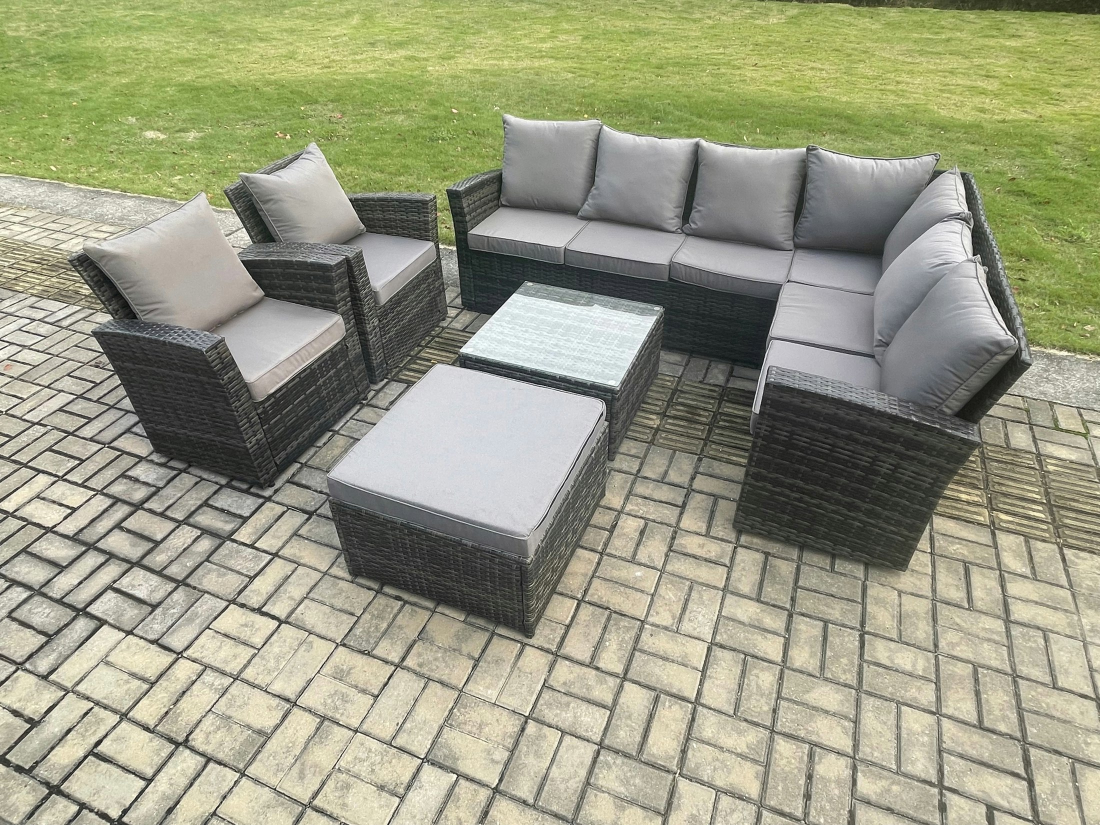 Fimous Dark/Grey 9 Seat Rattan Garden Furniture Corner Sofa Set Outdoor Patio Sofa Table Set With Big Footstool 2 Armchairs Mixed