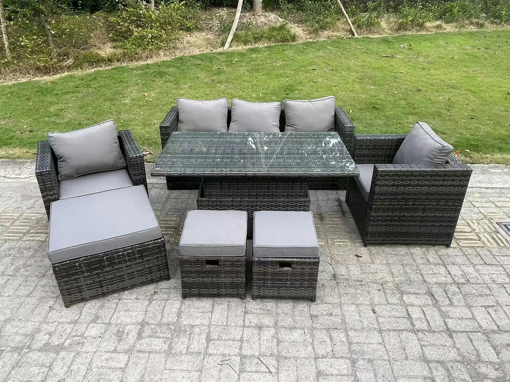 Rackhams Dark/Grey 8 Seater Outdoor Rattan Garden Furniture Sofa Set Patio Adjustable Rising Lifting Dining Table Set With Armchairs 3 Footstools Mixed