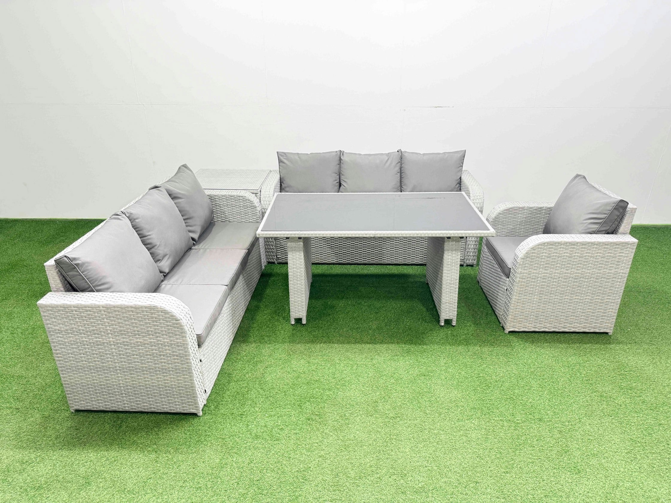 Fimous Light/Grey Rattan Garden Furniture Dining Set 7 Seater Patio Rectangular Table Sofa Set With Side Table