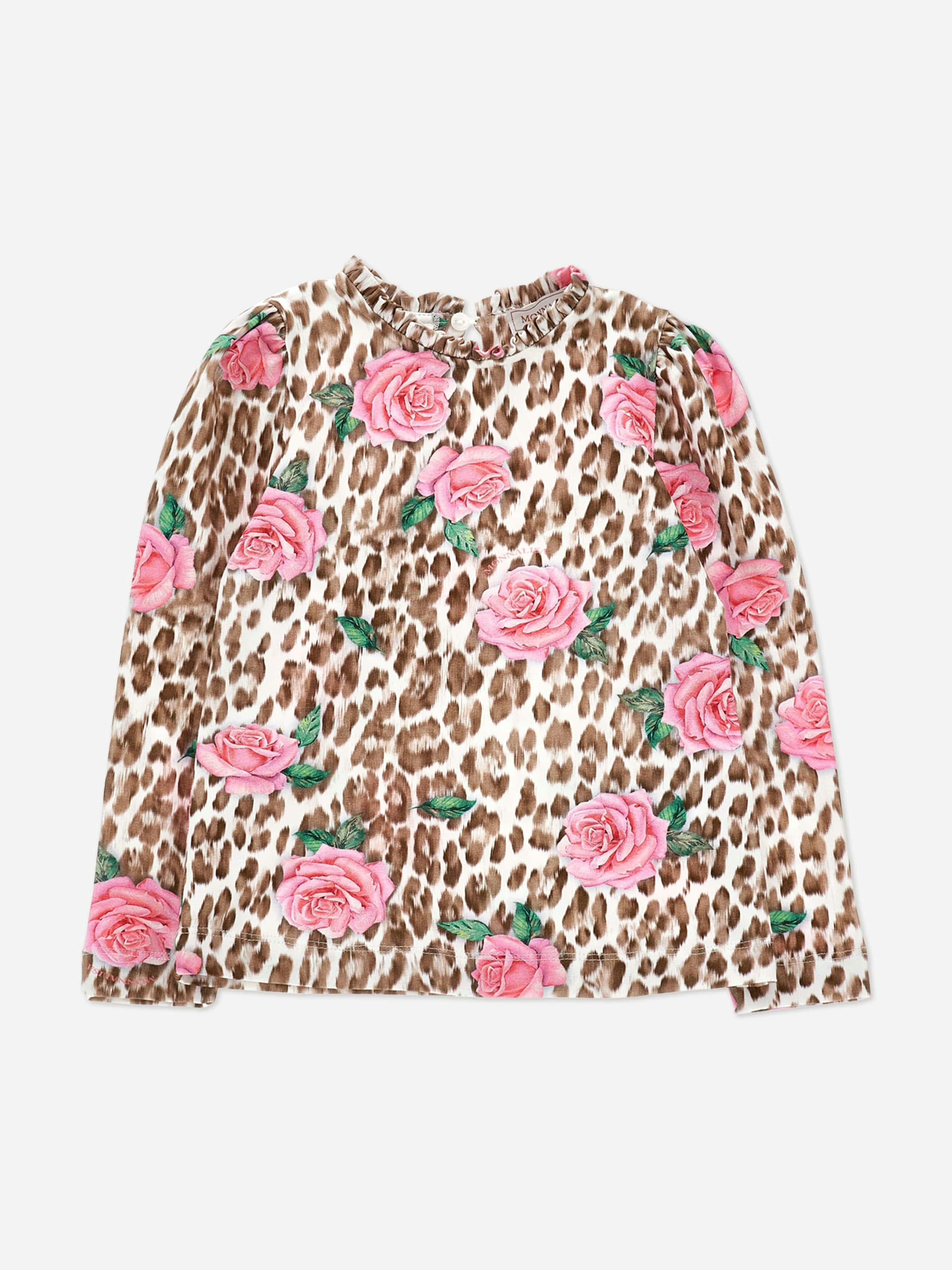 Monnalisa Girls Leopard And Rose Jersey Top In Multicolour - Multicoloured - 3 Yrs