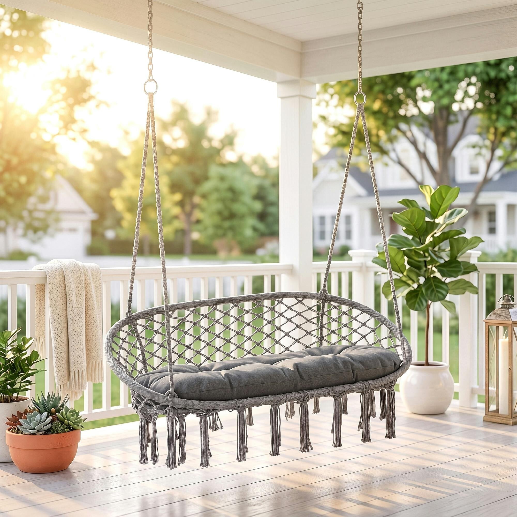 Outsunny Cream/White/Dark Hanging Hammock Chair Macrame Seat For Patio Garden Yard - Grey