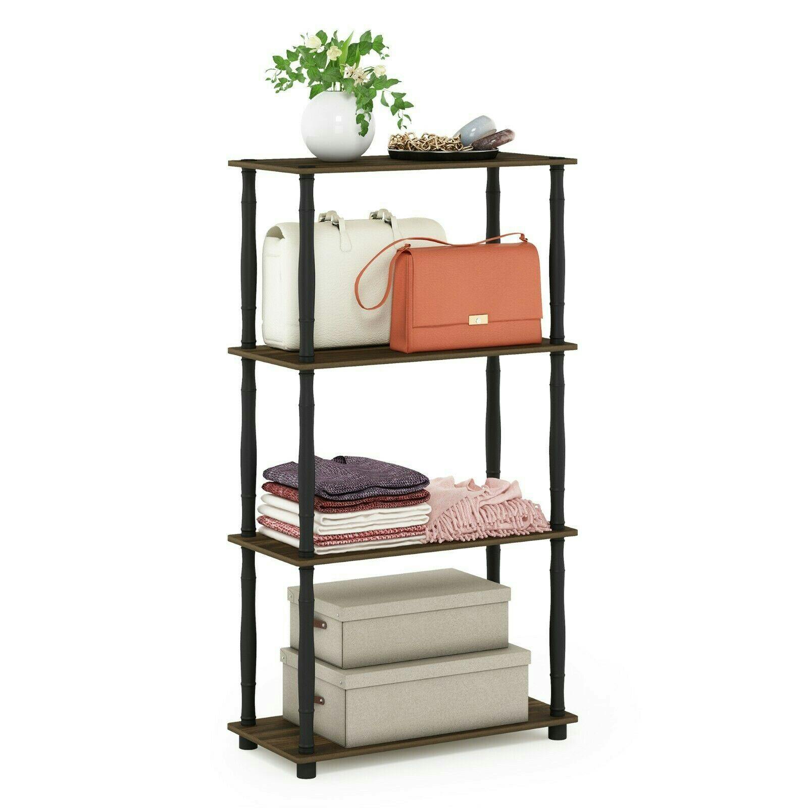 Walplus Black Minimalist Turn-N-Tube 4-Tier Multipurpose Shelf Display Rack With Classic Tubes, Columbia Walnut/ For Small Spaces