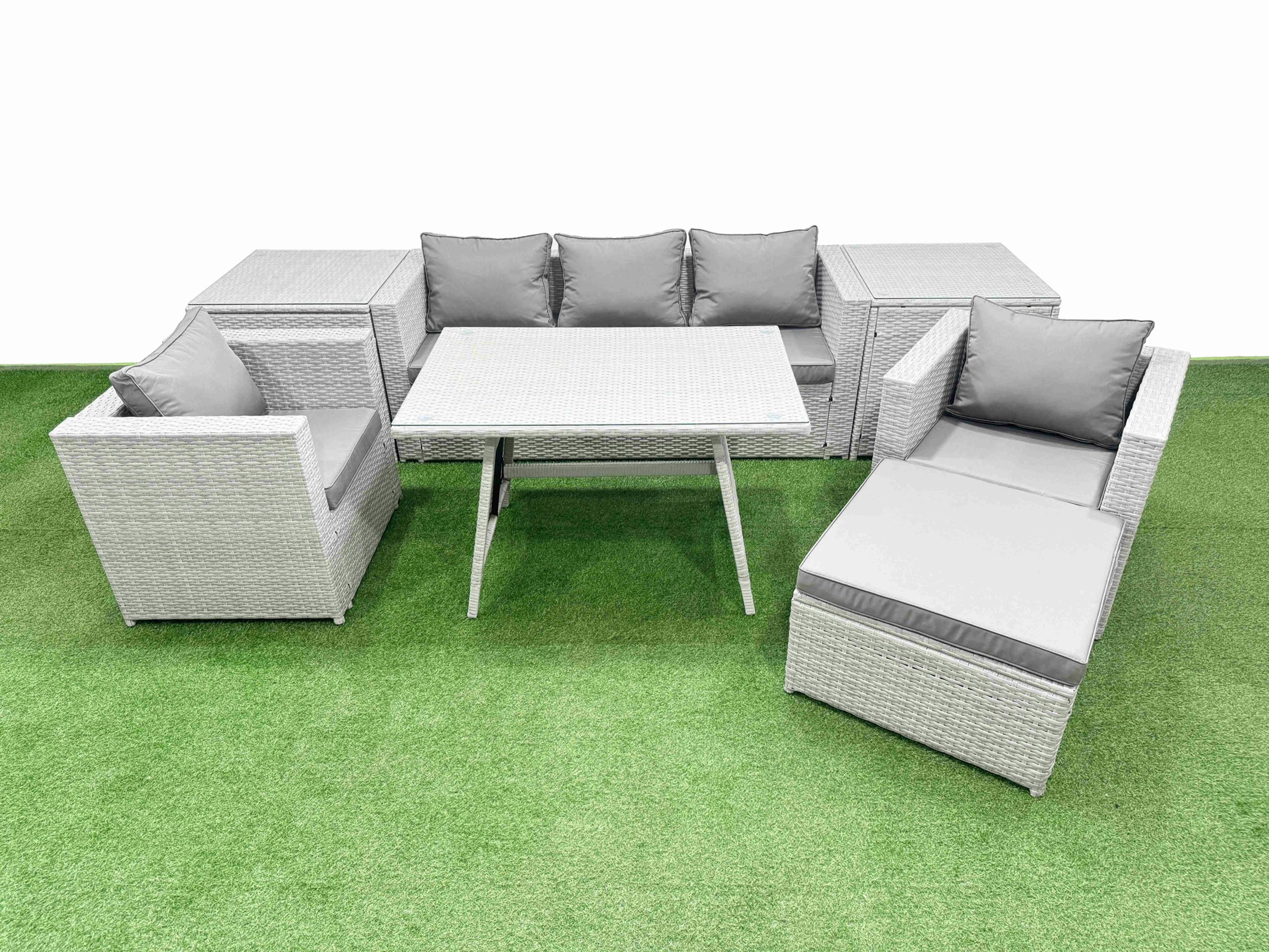 Rackhams Light/Grey 8 Pieces Outdoor Pe Rattan Sofa Armchair Set Patio Garden Furniture Sets With Cushions 2 Side Tables Big Stool