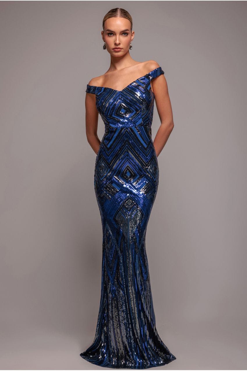 Goddiva Blue Geometric Sequin Sleeveless Maxi - Royal By - Royal - 10