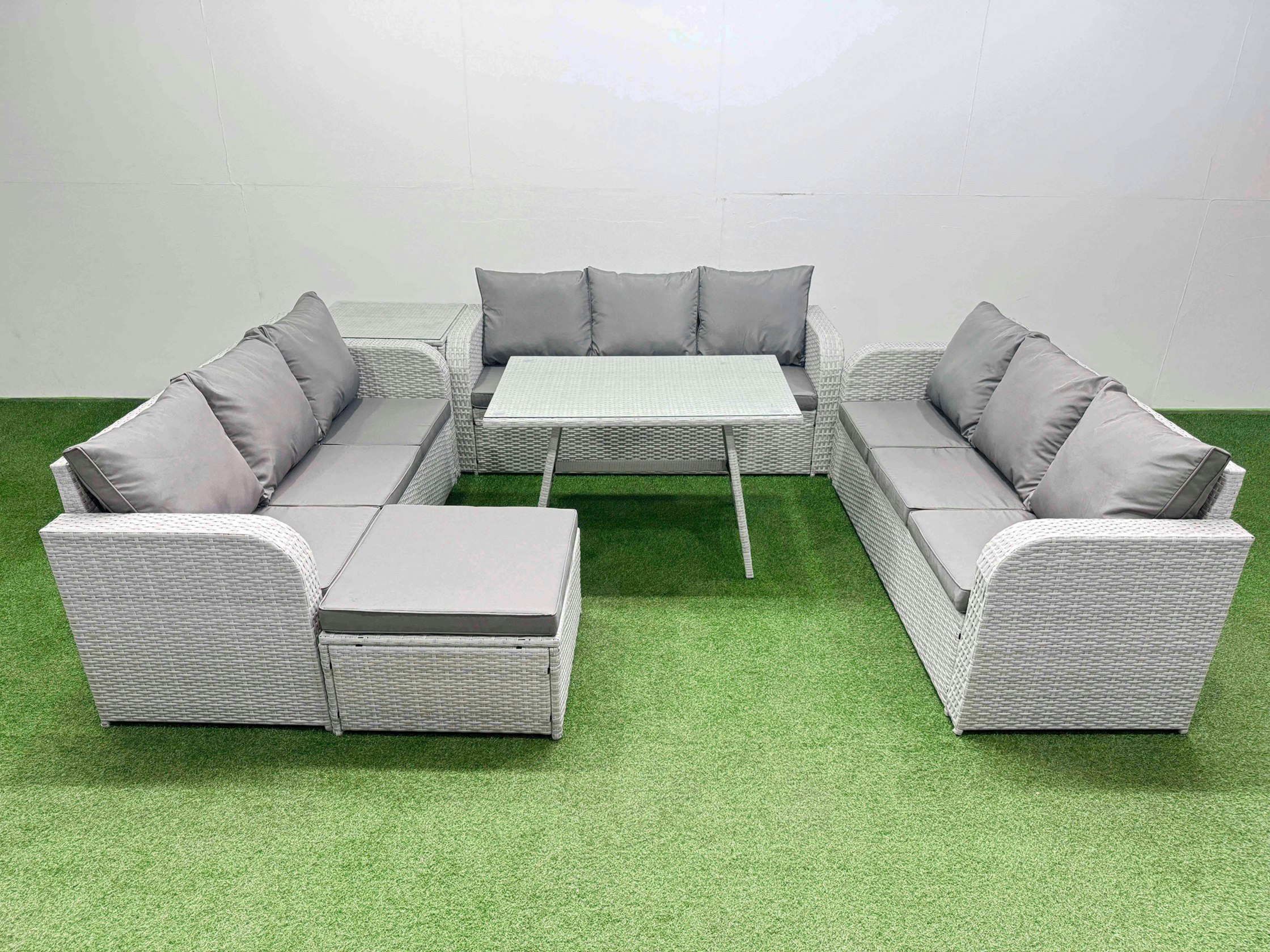 Fimous Light/Grey 10 Seat Outdoor Pe Rattan Garden Furniture With Cushions 3 Seater Sofa Side Table Big Stool