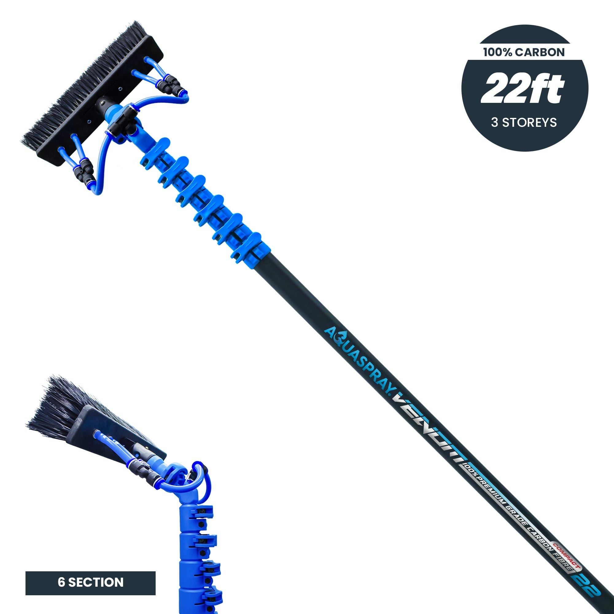 Rackhams ® Venom 22Ft [Compact] 100% Carbon Fibre Waterfed Window Cleaning Pole 6-Section
