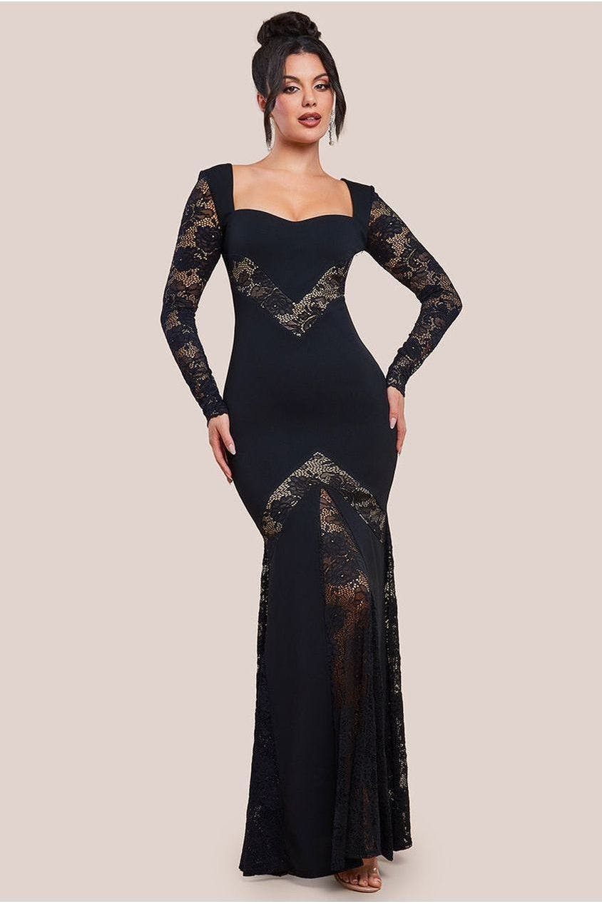 Goddiva Black Scuba & Lace Long Sleeve Maxi Dress - By - 8