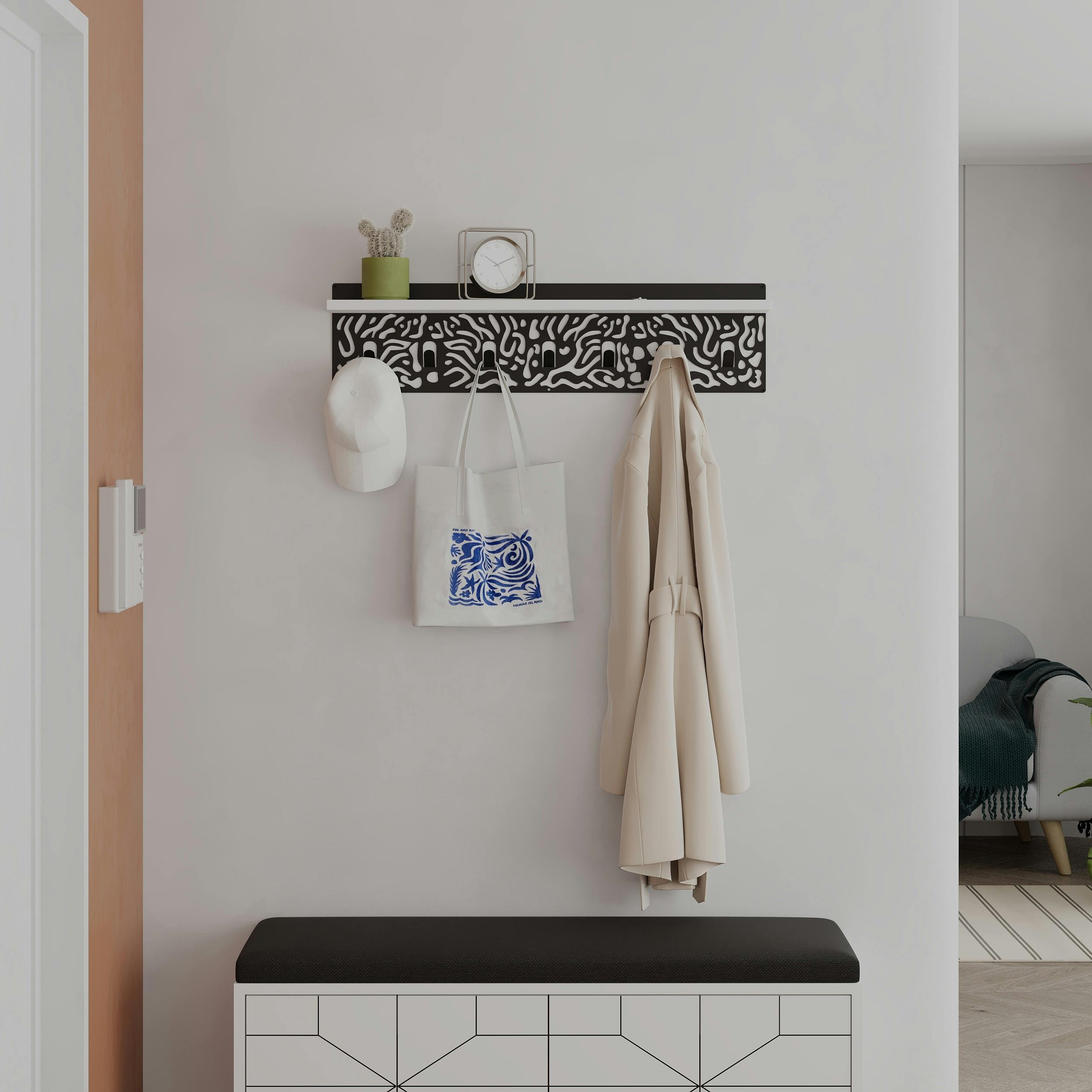 Rackhams Black/White Novo Wall-Mounted Coat Rack Metal 7 Hooks And Open Shelf Storage Space, Hallway, Bedroom ( Metal)