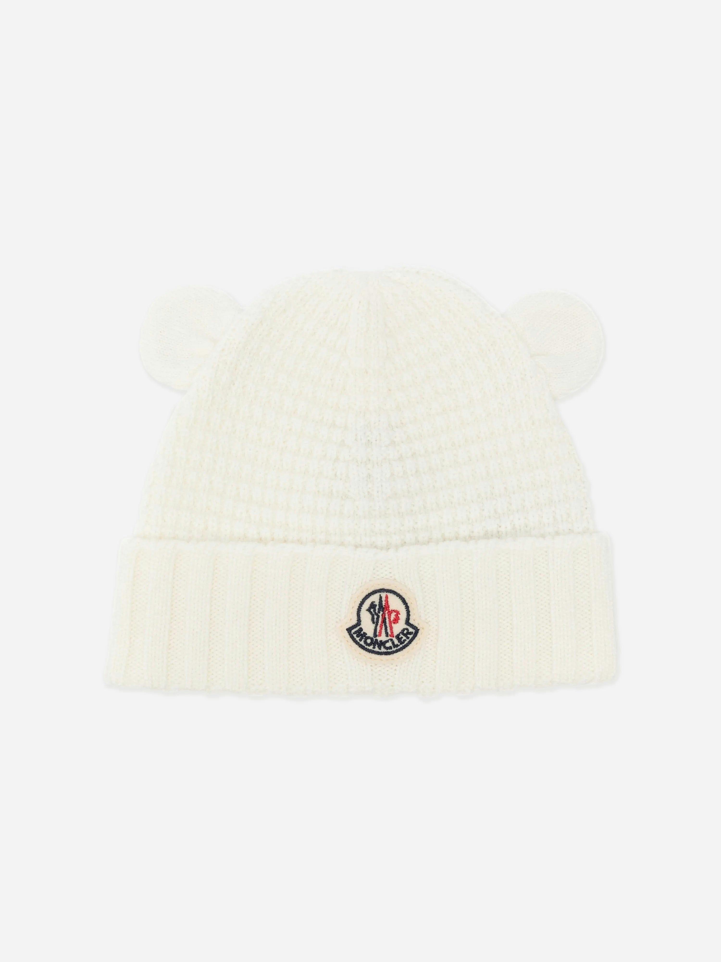 Moncler Enfant Men's White Baby Wool Beanie Hat With Ears In - 3 - 6 Mths