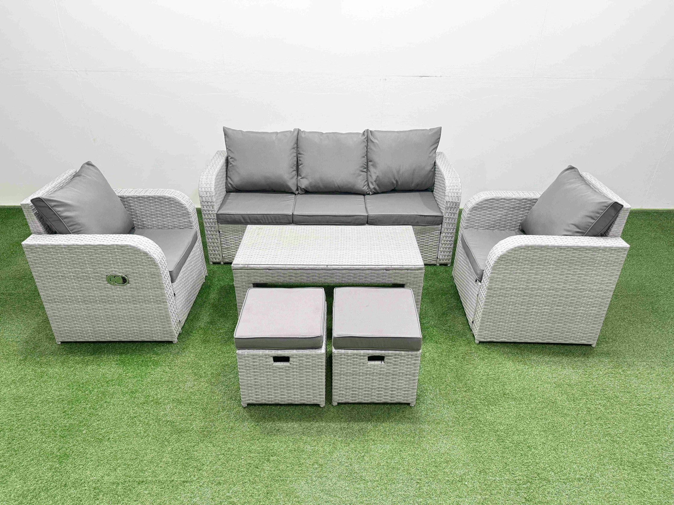 Rackhams Light/Grey Pe Rattan Garden Furniture Set Reclining Chair Sofa Lounge Sofa Set Rectangular Coffee Table 2 Small Stools