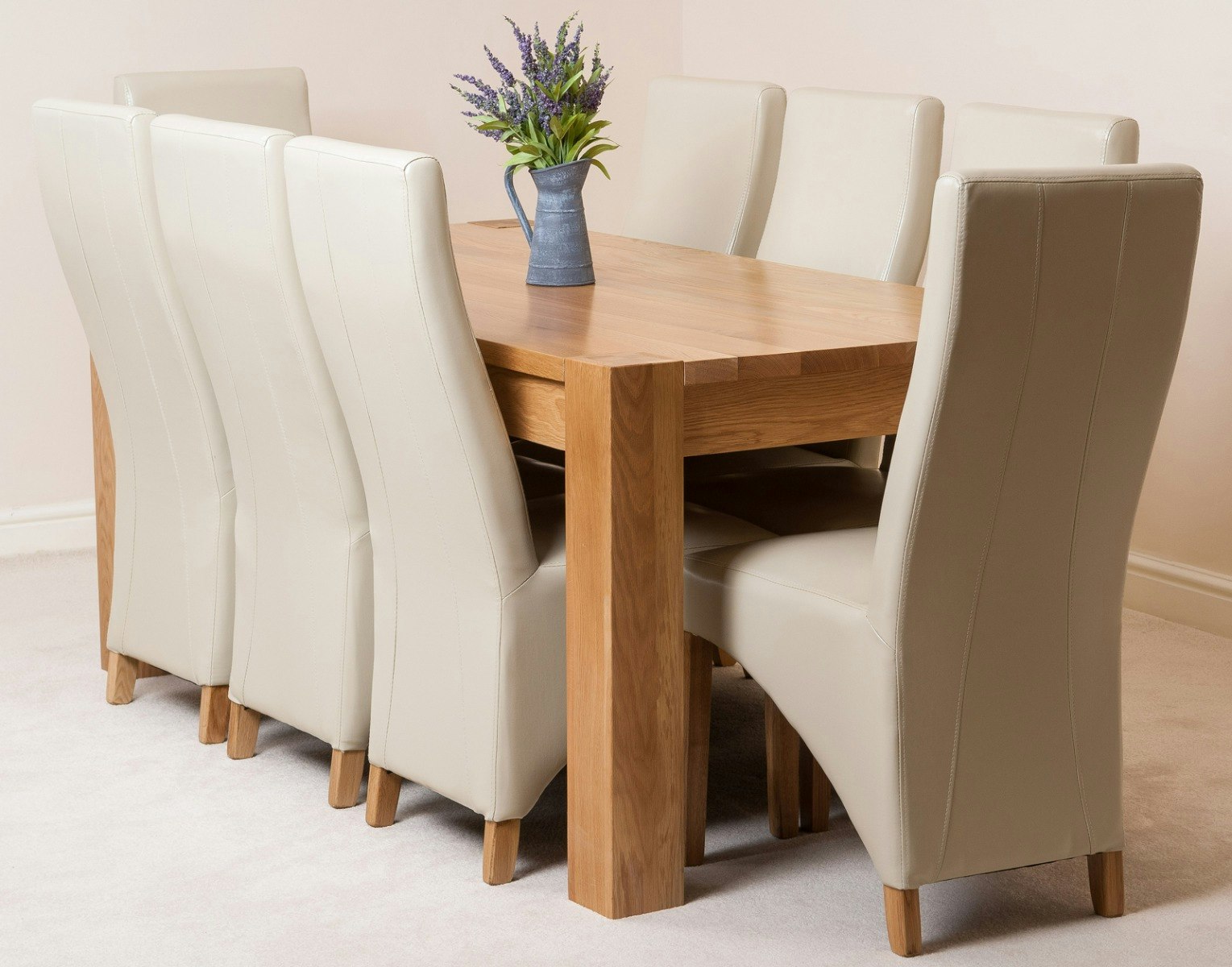Rackhams Ivory Kuba Large Oak Dining Table With Lola Leather Chairs - 8 Chairs
