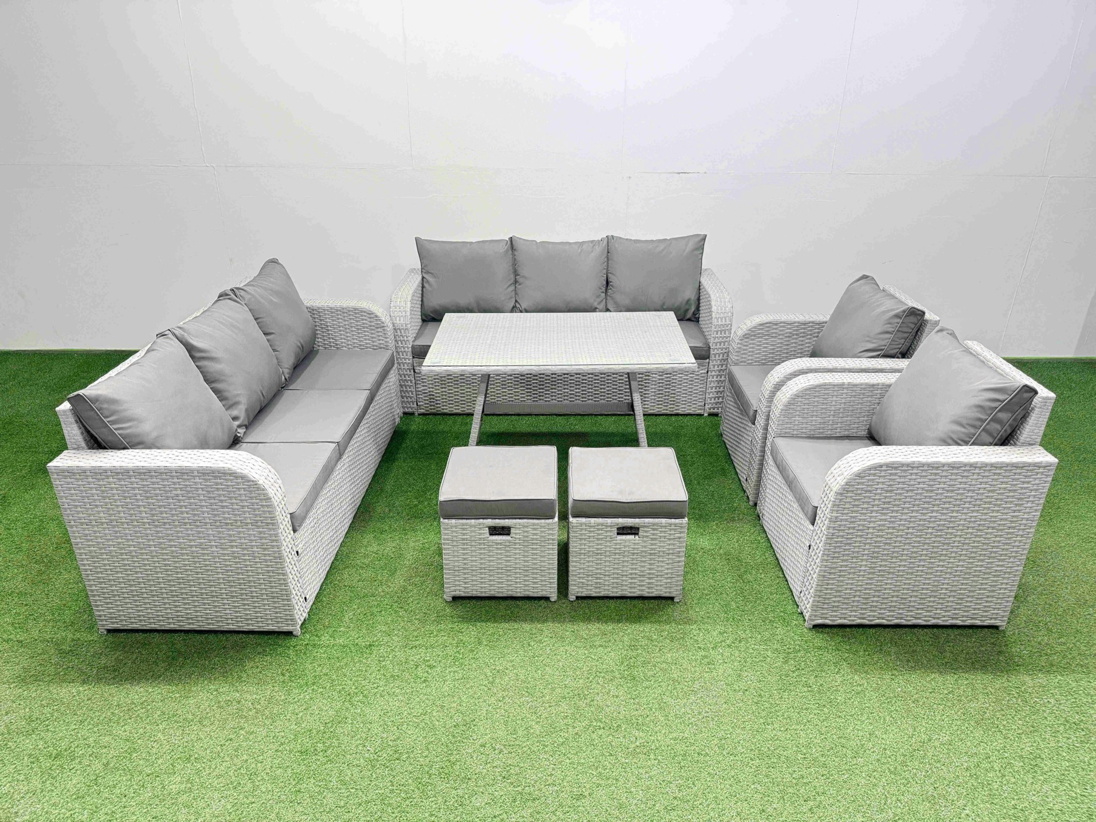 Fimous Light/Grey Rattan High Back Lounge Sofa Set Patio Dining Table & Chairs Set With 3 Seater Sofa 2 Reclining Chairs 2 Small Stool