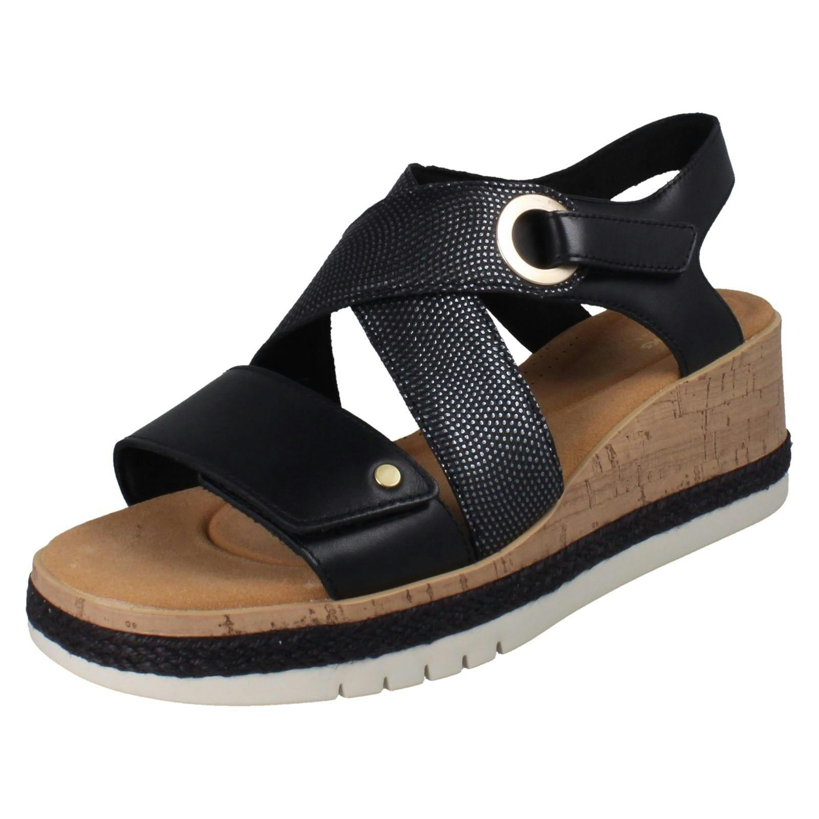 Clarks Women's Black Wedge Sandals Kidiki Sun - Combi - Uk 5.5