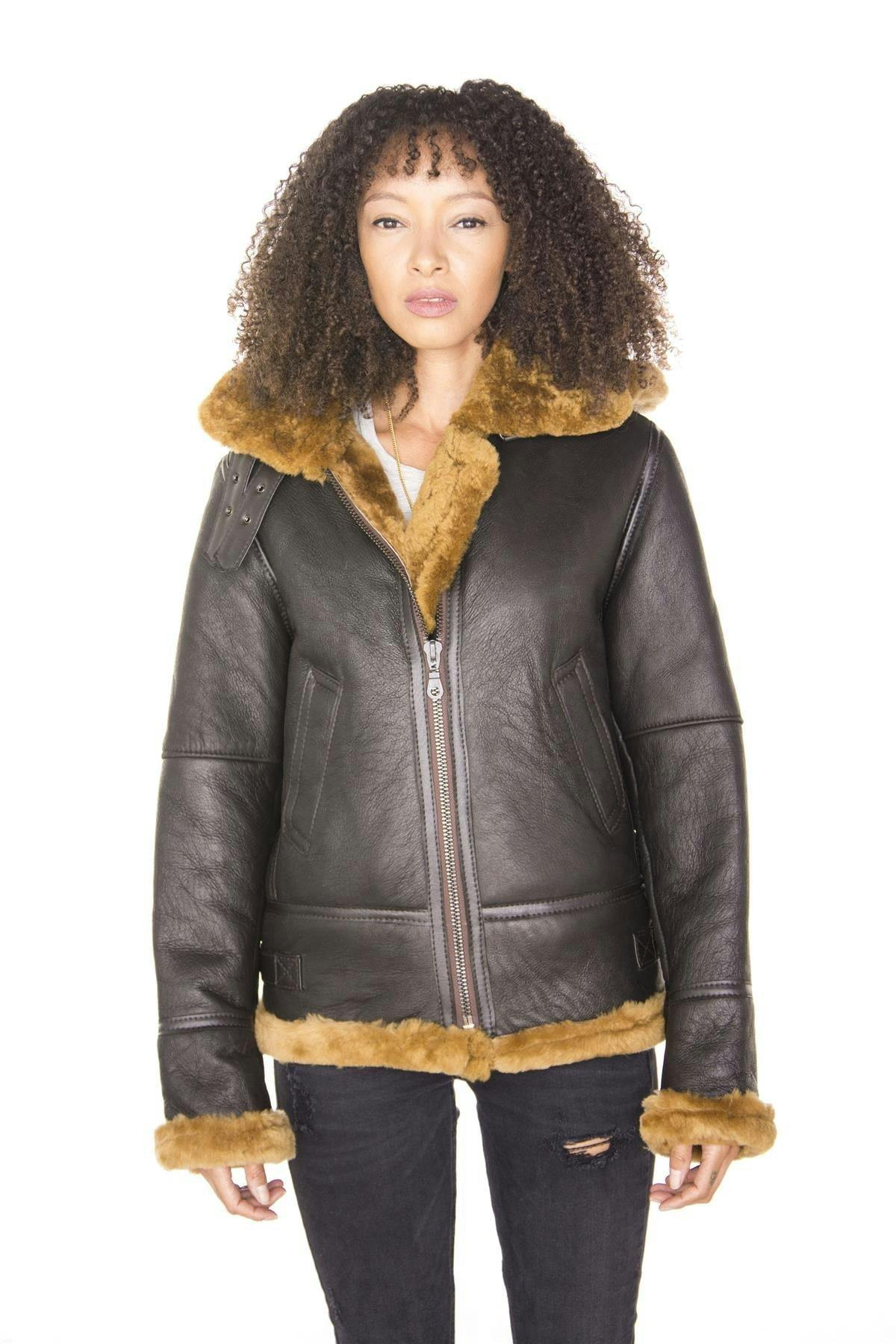 Infinity Leather Women's Brown Hooded Sheepskin Flying Leather Jacket-Orford - Ginger - Xs