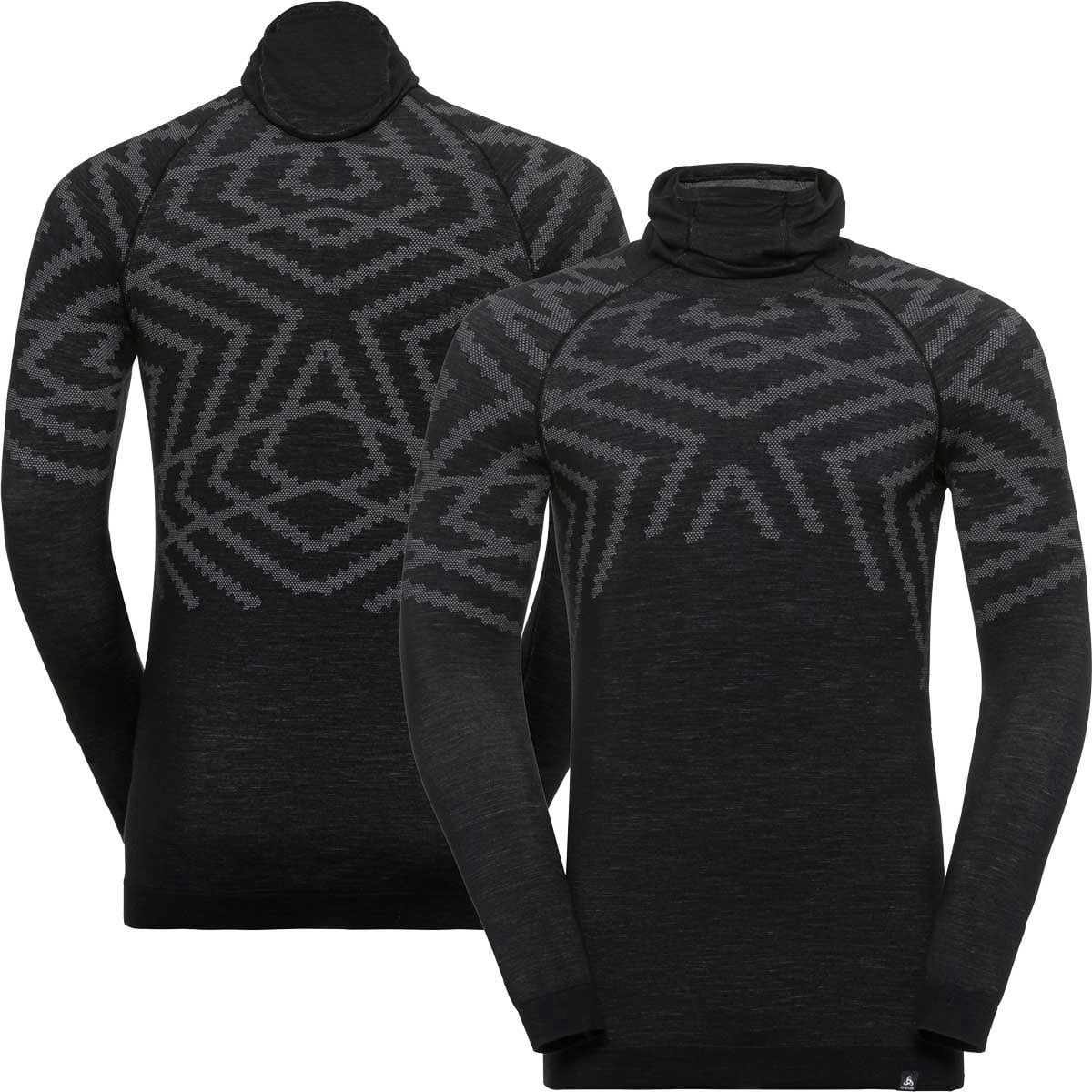 Odlo Men's Black Natural+ Kinship Warm Merino Base Layer Top + Face Mask - Melange - Small