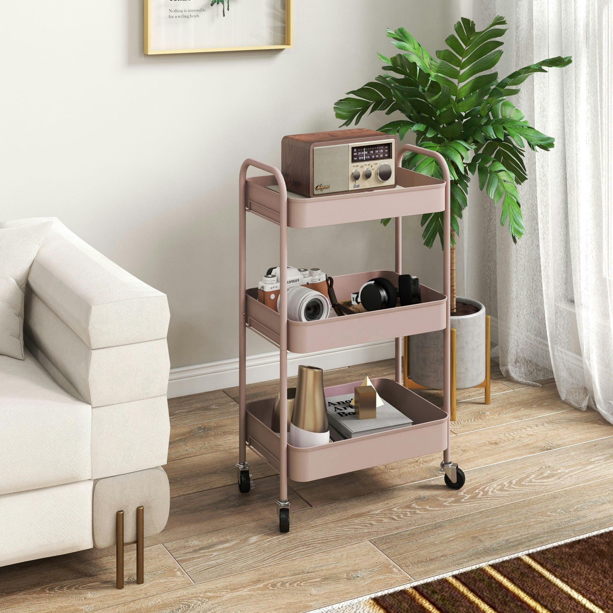 Rackhams Black/Pink 3 Tier Rolling Utility Cart With 3 Mesh Basket,