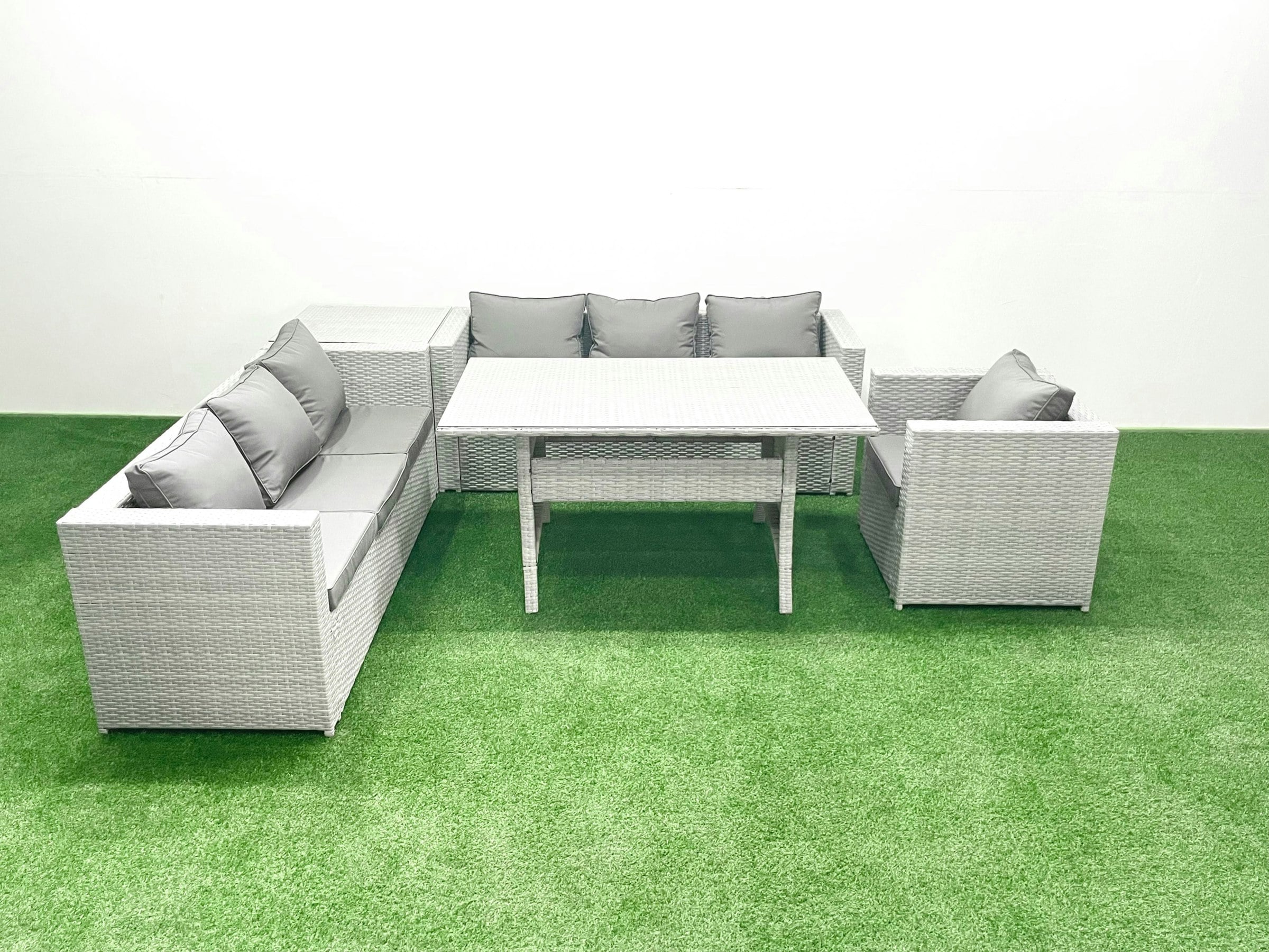 Rackhams Light/Grey/Dark 5 Pieces Outdoor Rattan Sofa Set With Cushions Patio Garden Furniture Sets With Armchair Dining Table Side Table