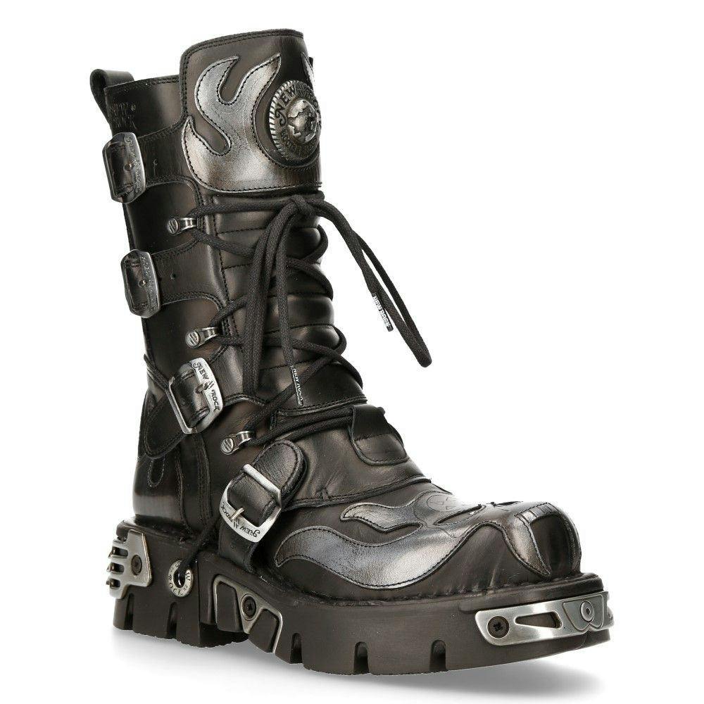 New Rock Black/Silver Flame Accented Leather Biker Boots- 107-S2 - Uk 6 | Eu 39 | Us 8.5