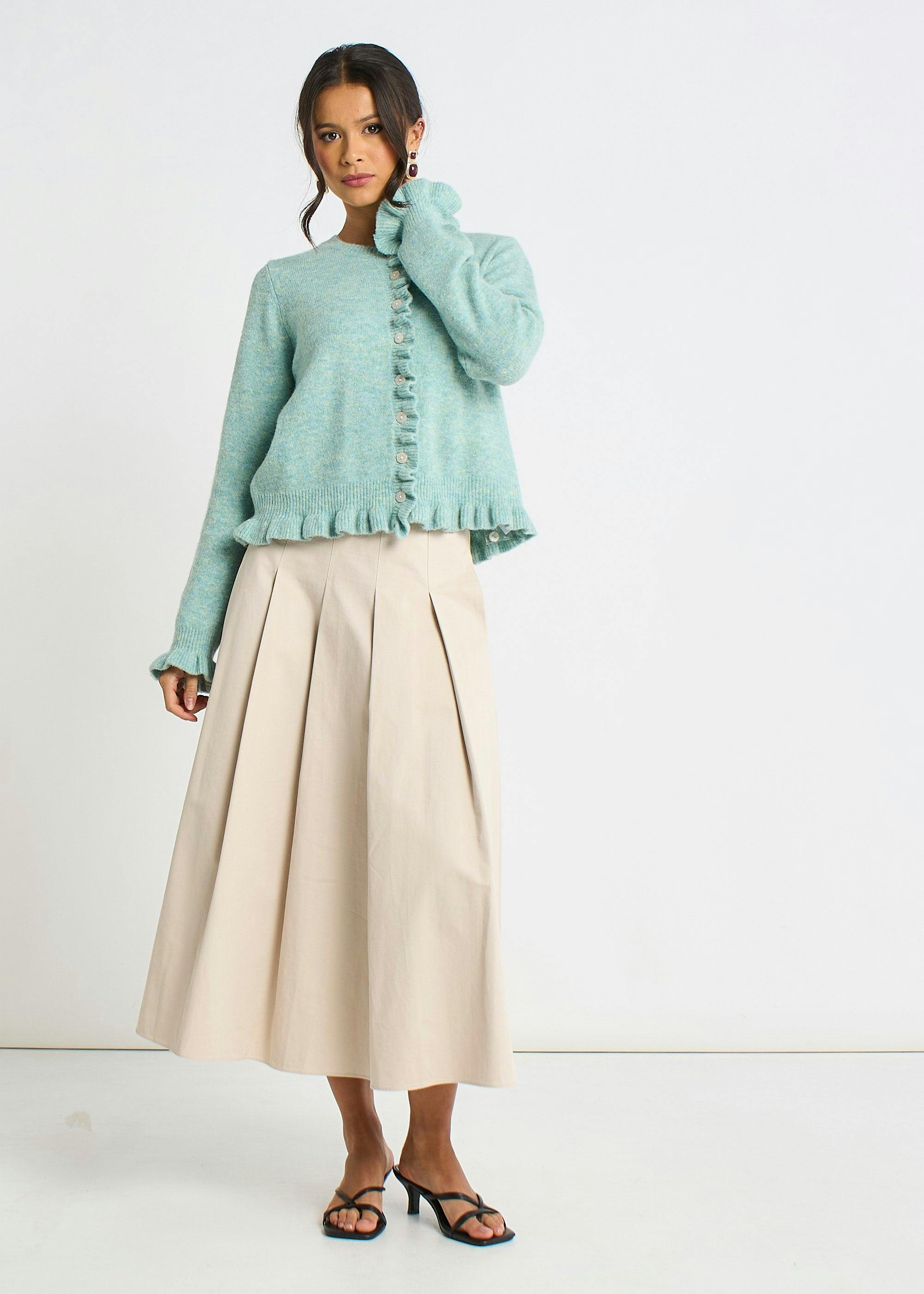 Gini London Women's Mint Green Long Sleeve Ruffle Front Cardigan Sweater In | : Large - Image 3