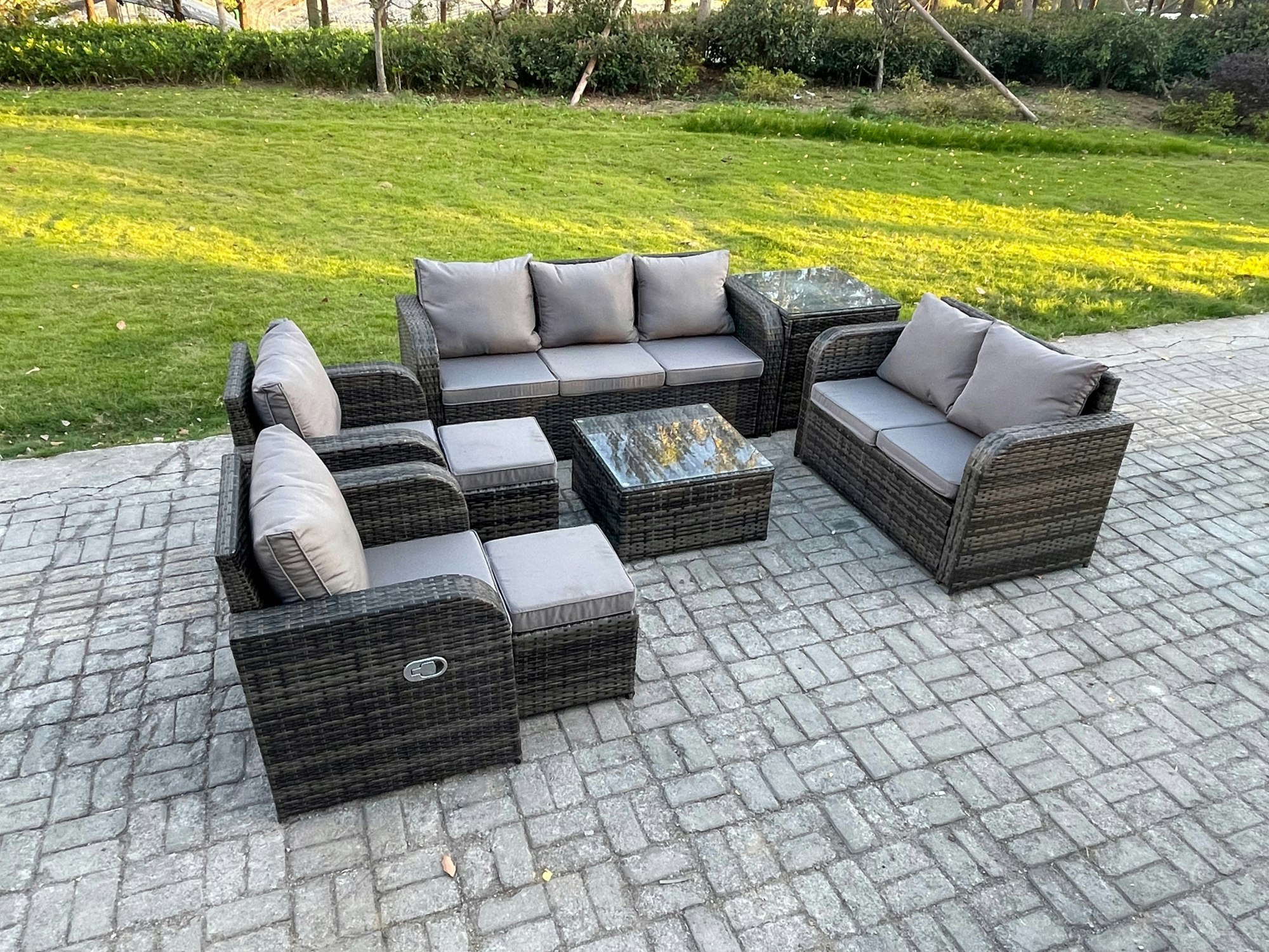 Rackhams Dark/Grey 9 Seater Garden Furniture Set Rattan Outdoor Lounge Sofa Chair With Tempered Glass Table Side Table 2 Small Footstools Mixed