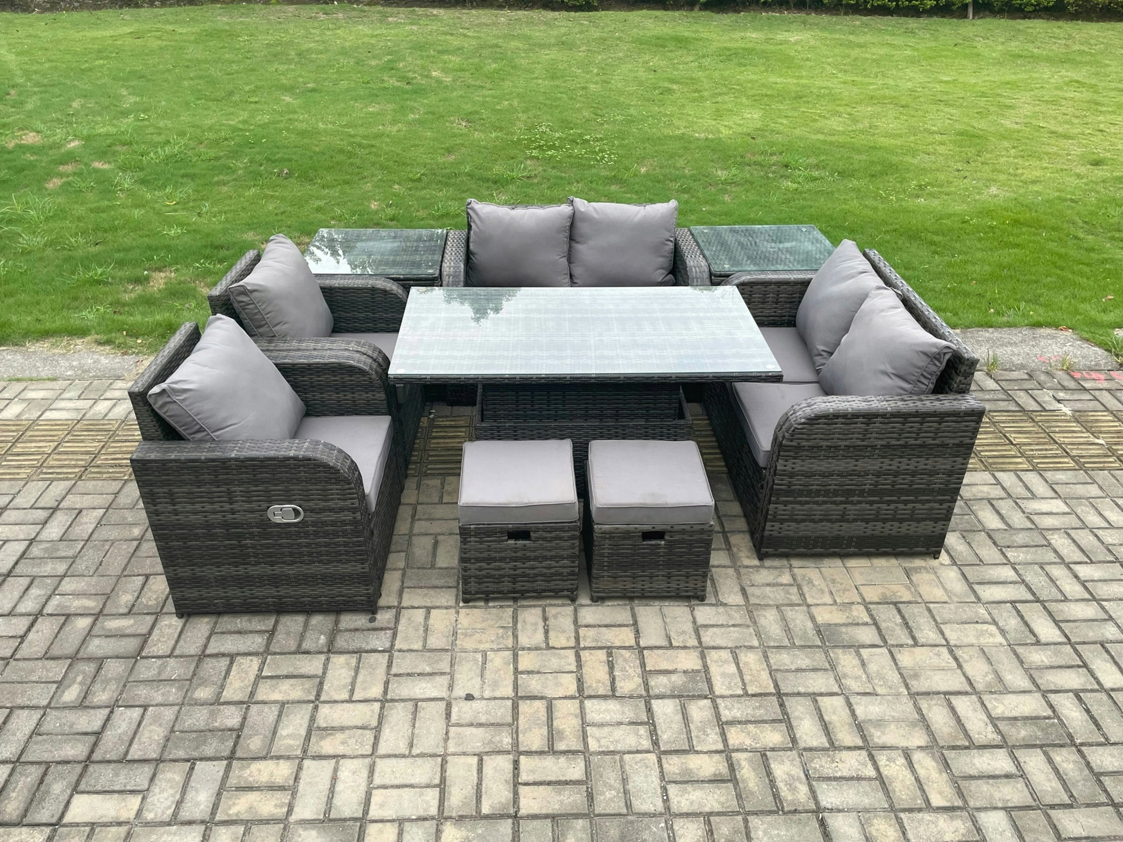 Rackhams Dark/Grey Wicker Pe Rattan Furniture Garden Dining Set Outdoor Height Adjustable Rising Lifting Table Love Sofa Chair With 2 Side Table Stools